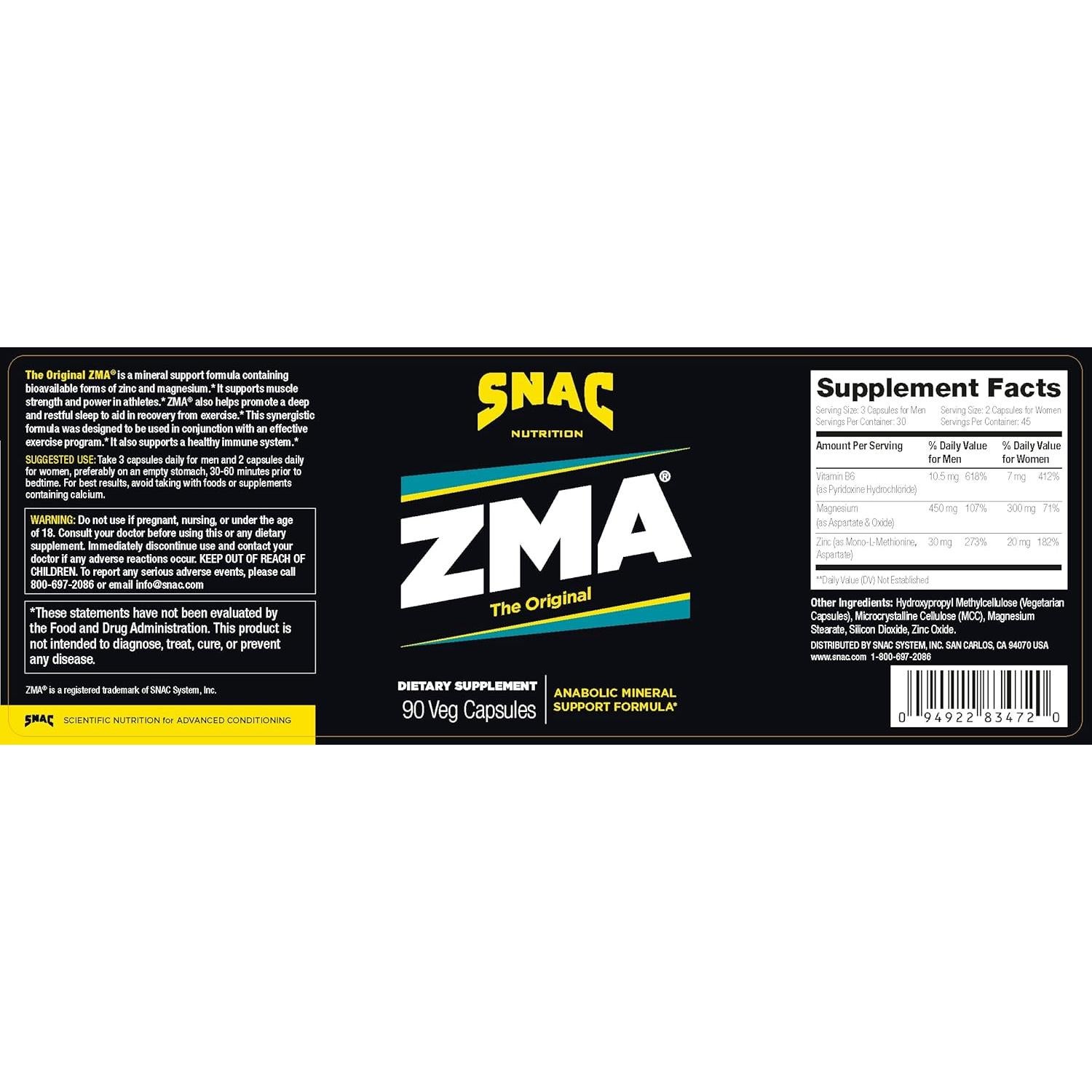 Suplemento ZMA SNAC 180 Cápsulas Vegetales para Recuperación