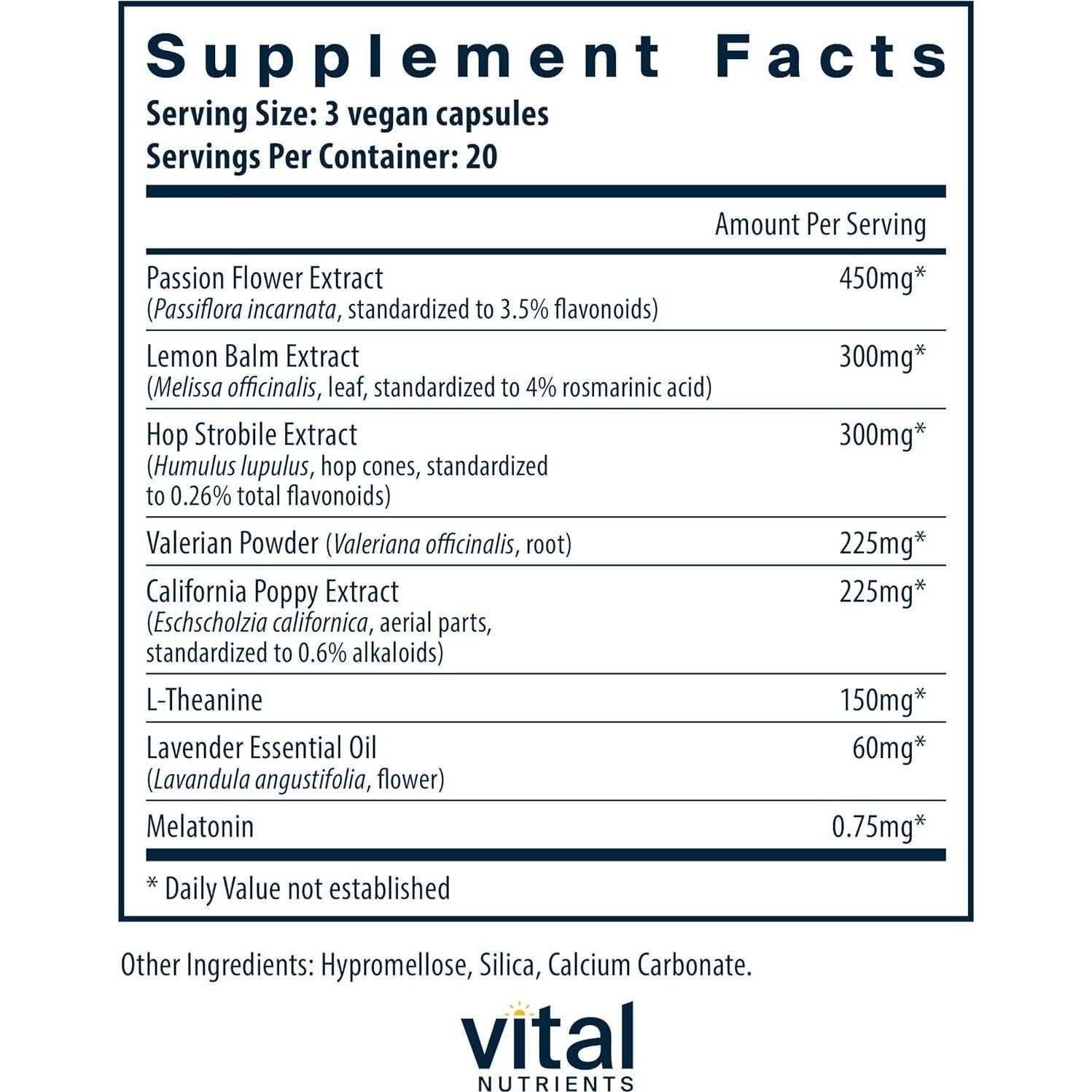 Suplemento Vegano para Dormir Vital Nutrients 60 Cápsulas