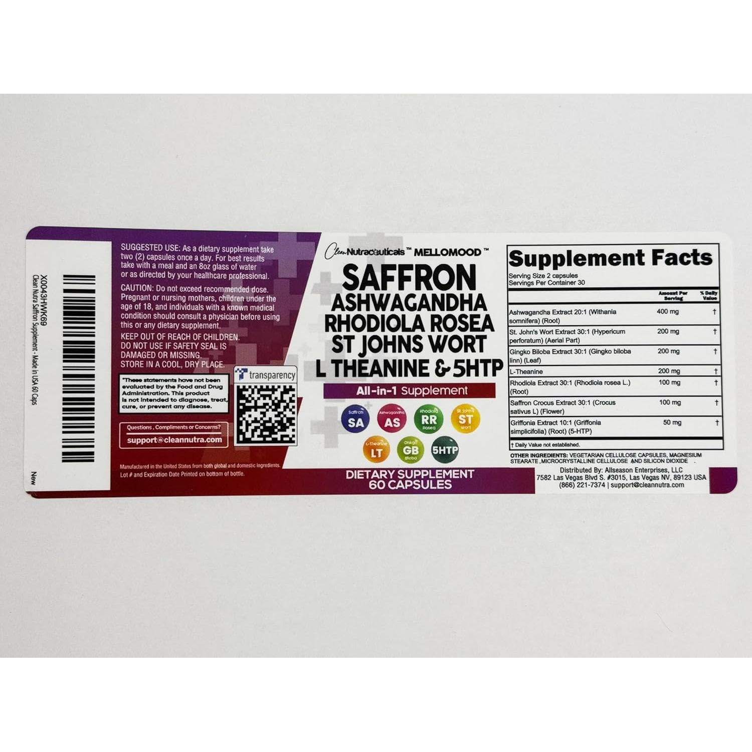 Suplemento de Azafrán Clean Nutraceuticals 60 cápsulas