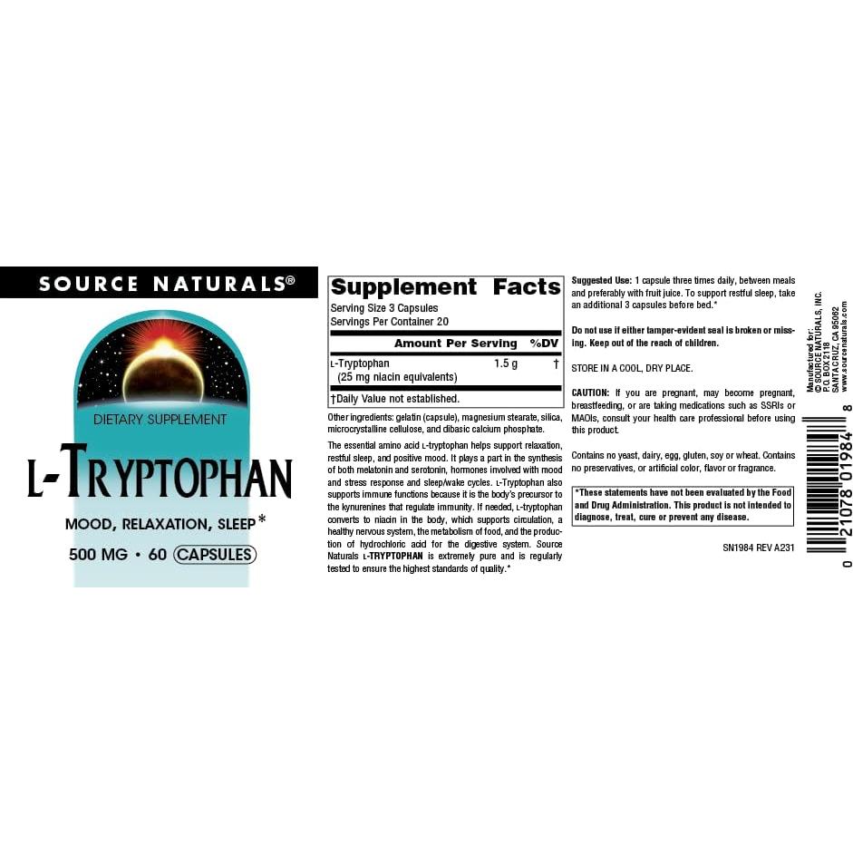 L-Triptófano Source Naturals 500mg 60 Cápsulas Veganas