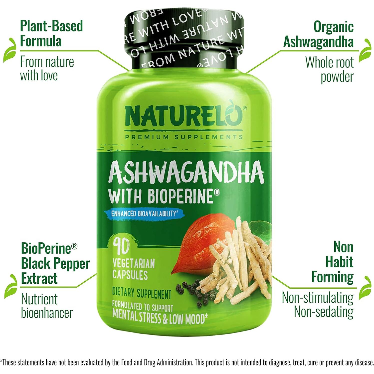 Suplemento Natural NATURELO Ashwagandha 90 Cápsulas Veganas