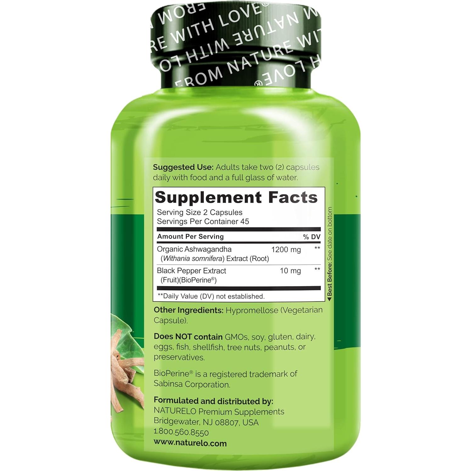 Suplemento Natural NATURELO Ashwagandha 90 Cápsulas Veganas