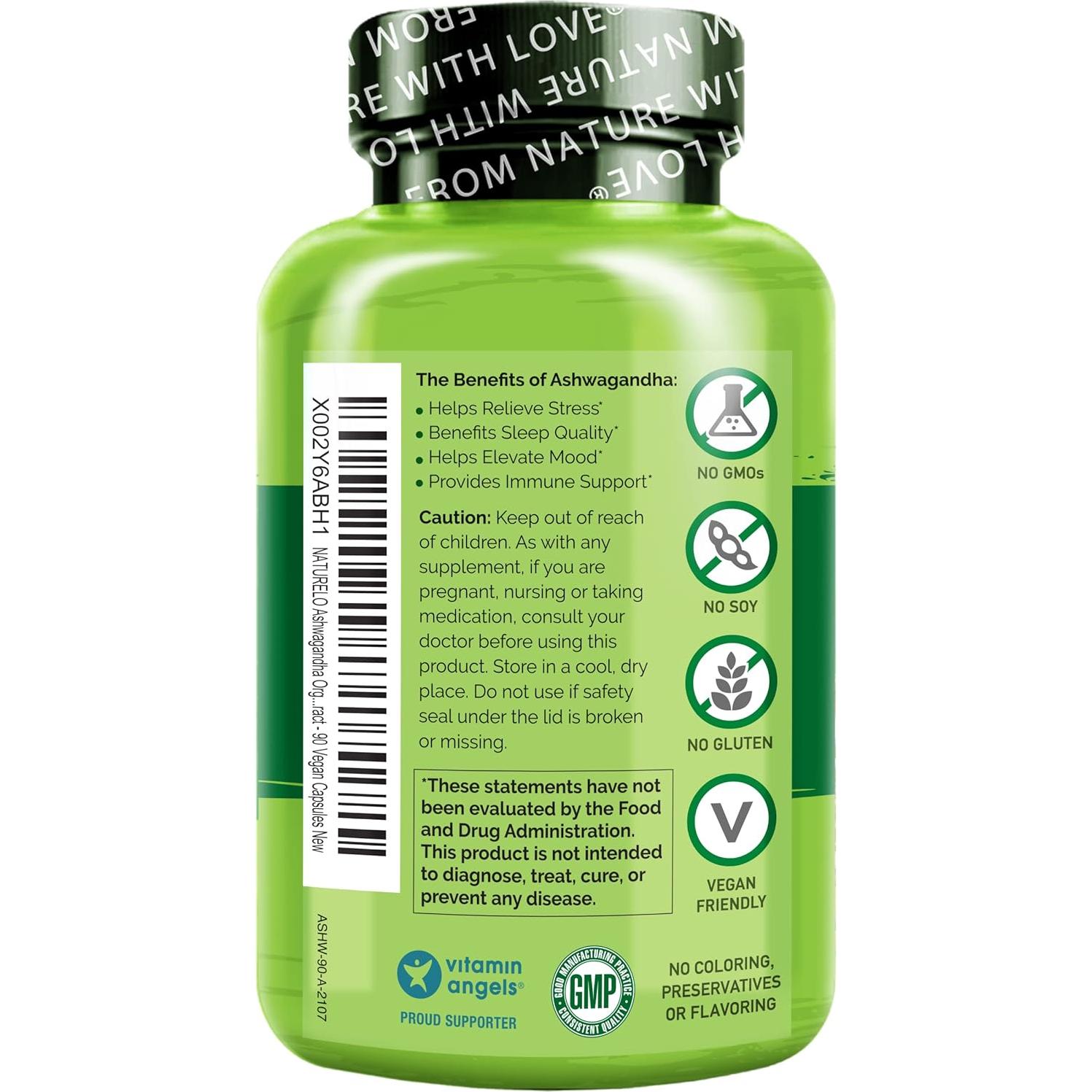 Suplemento Natural NATURELO Ashwagandha 90 Cápsulas Veganas