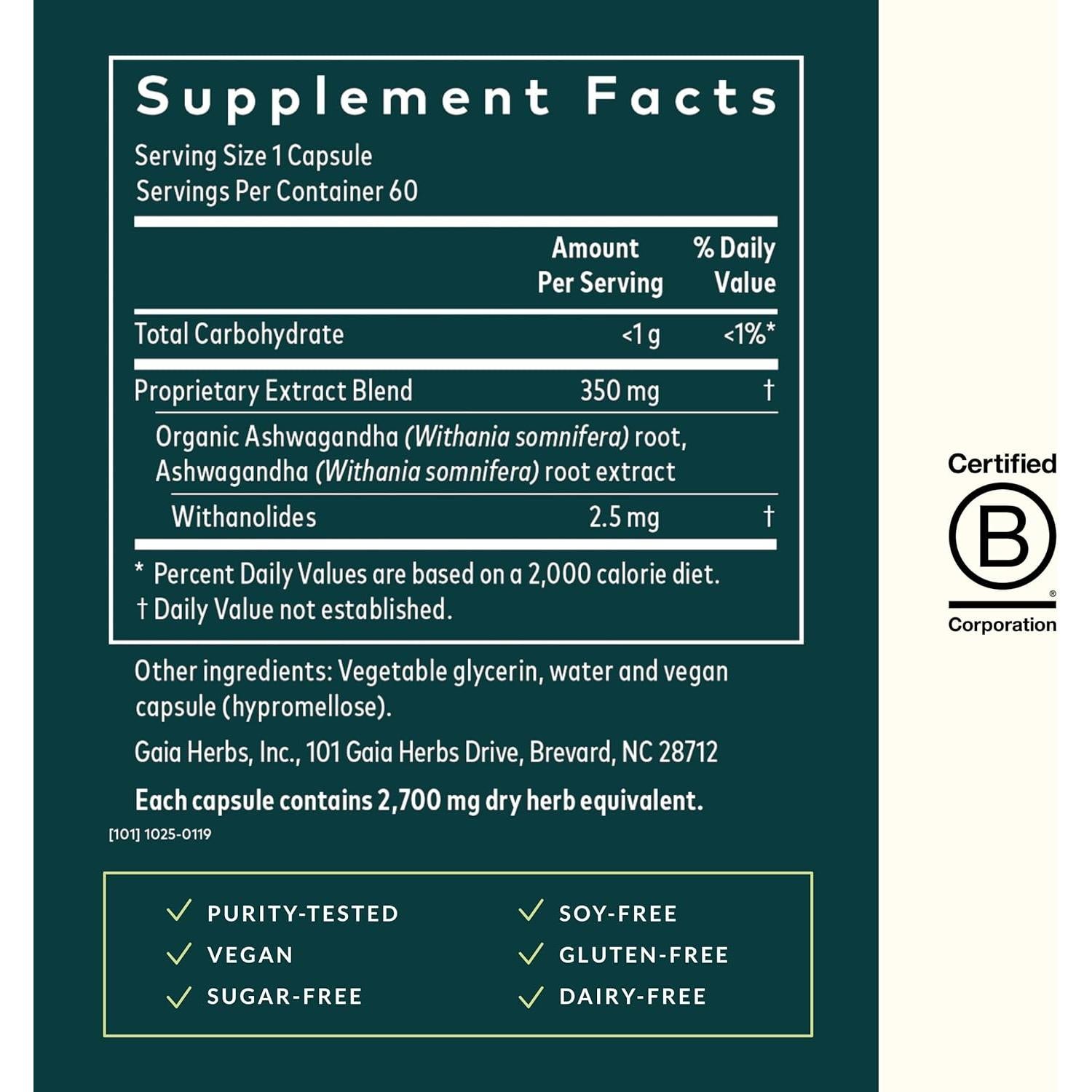 Raíz de Ashwagandha Gaia Herbs 60 Cápsulas Veganas