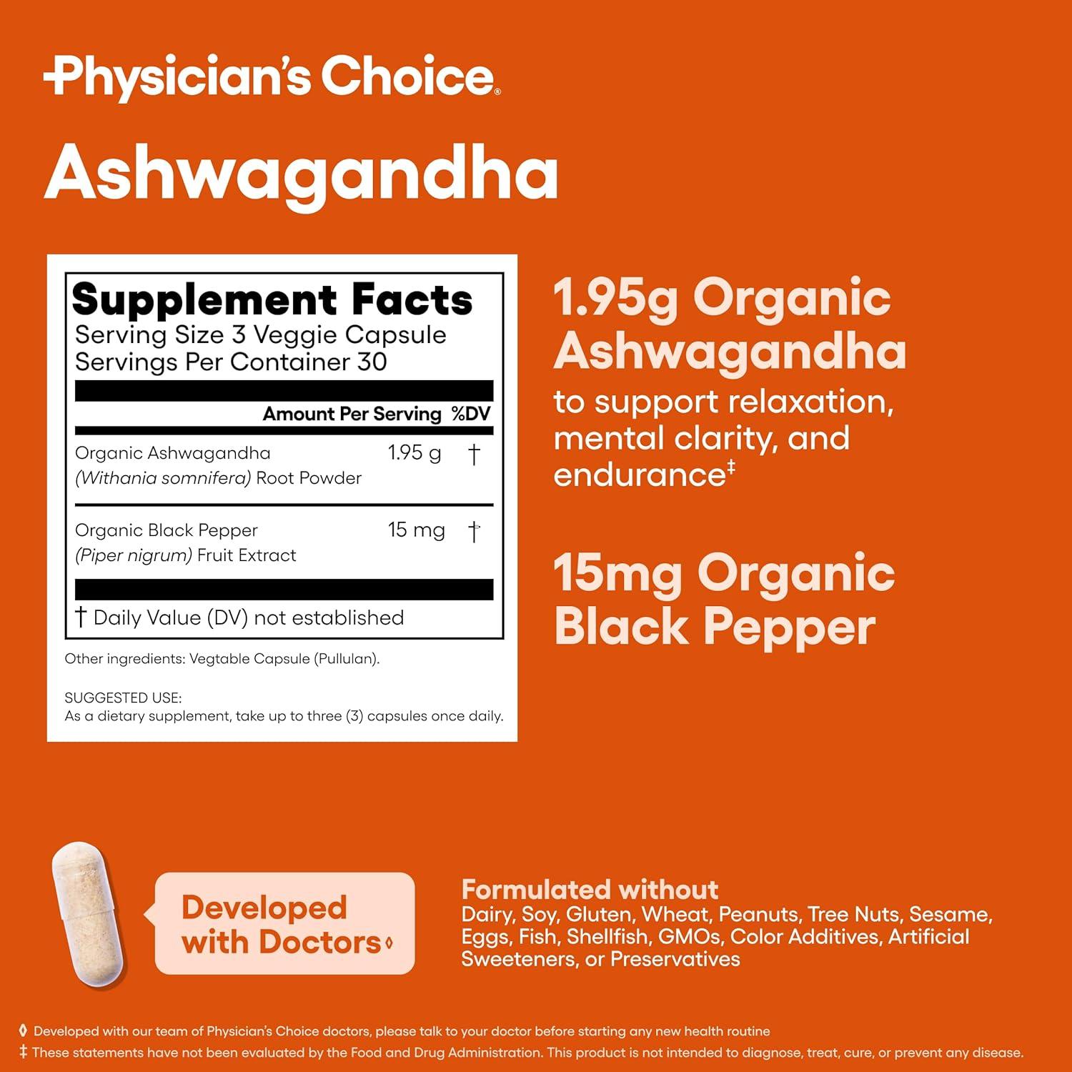 Suplemento Ashwagandha Orgánica Physician's CHOICE 1950mg 90 Cápsulas