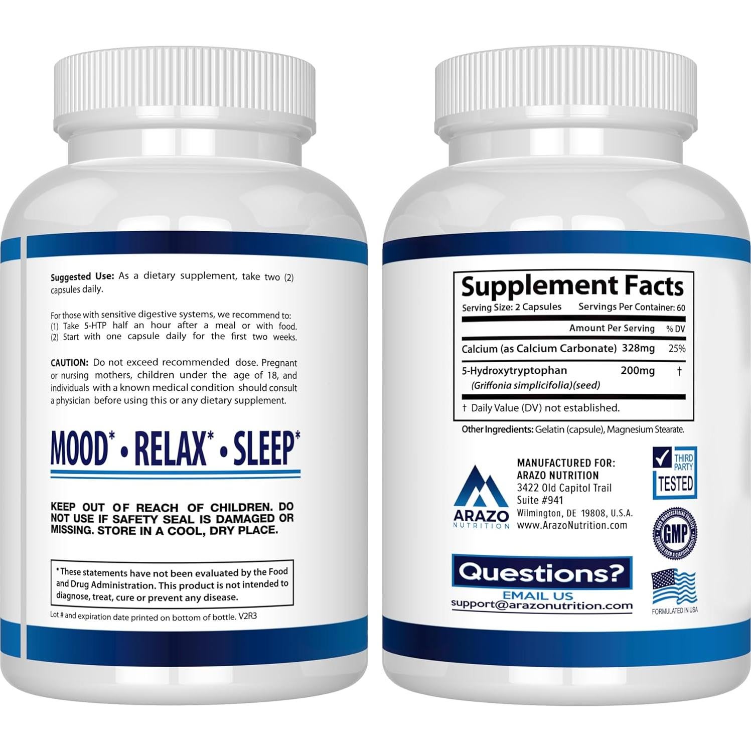 5-HTP 200 mg Arazo Nutrition con Calcio 328 mg - 120 Cápsulas