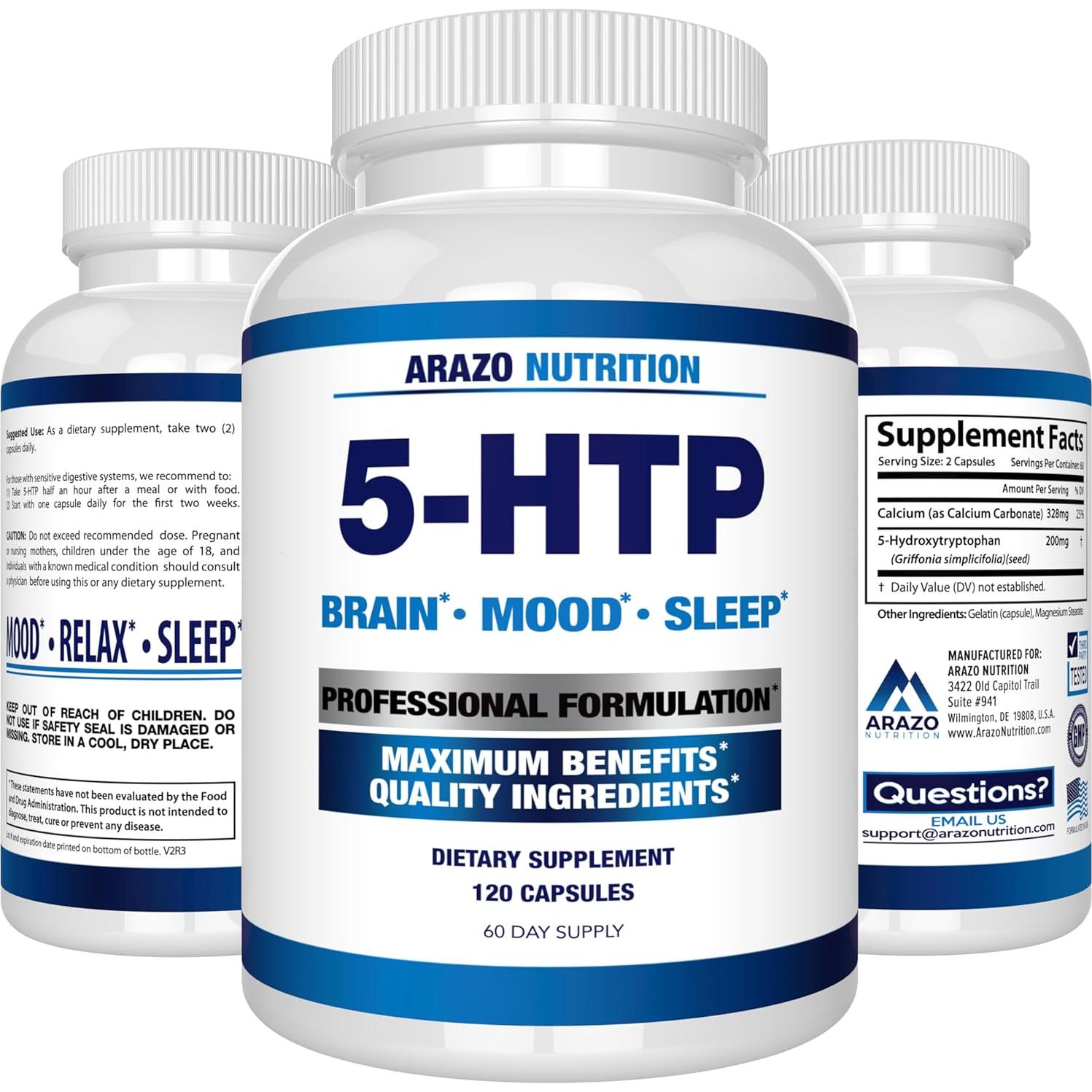 5-HTP 200 mg Arazo Nutrition con Calcio 328 mg - 120 Cápsulas