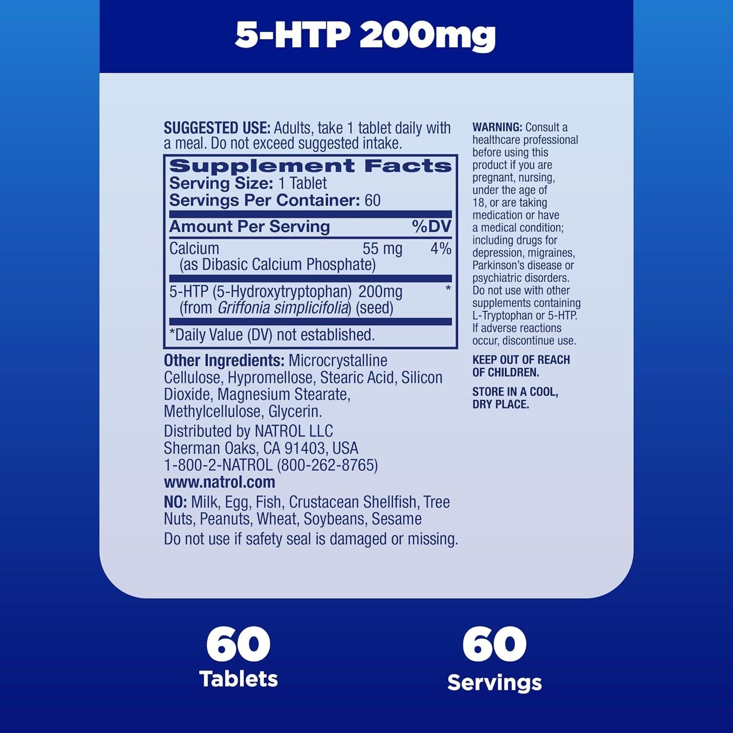 Natrol 5-HTP 200mg Suplemento 60 Tabletas Liberación Prolongada