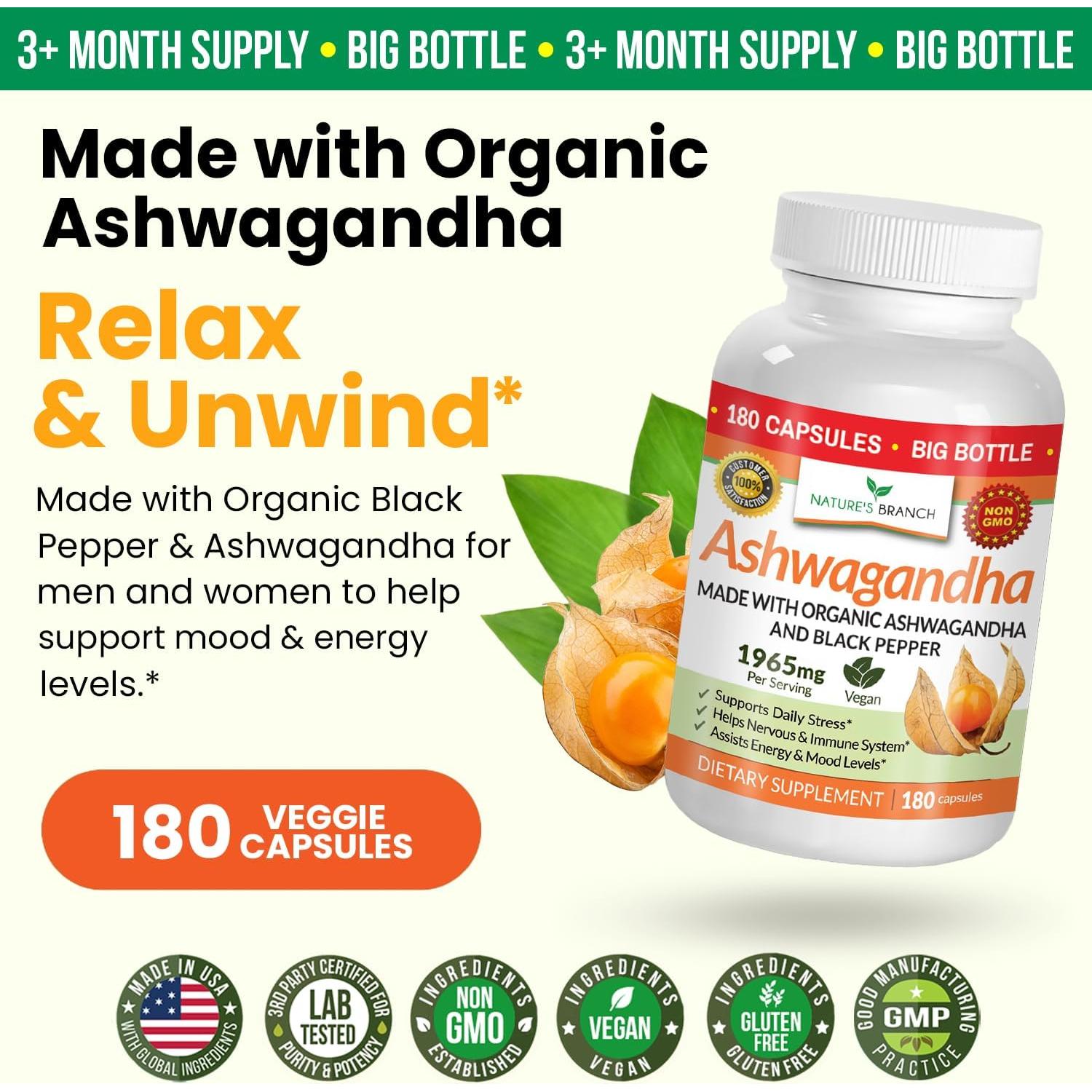 Suplemento Orgánico Ashwagandha Nature's Branch 180 Cápsulas