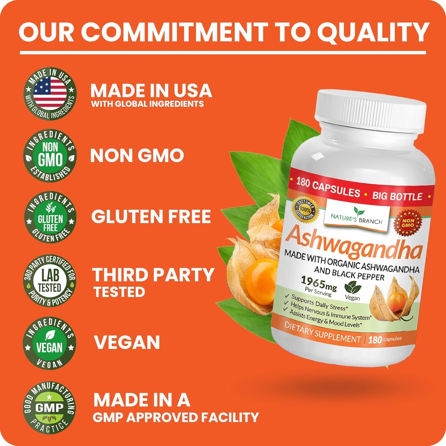 Suplemento Orgánico Ashwagandha Nature's Branch 180 Cápsulas