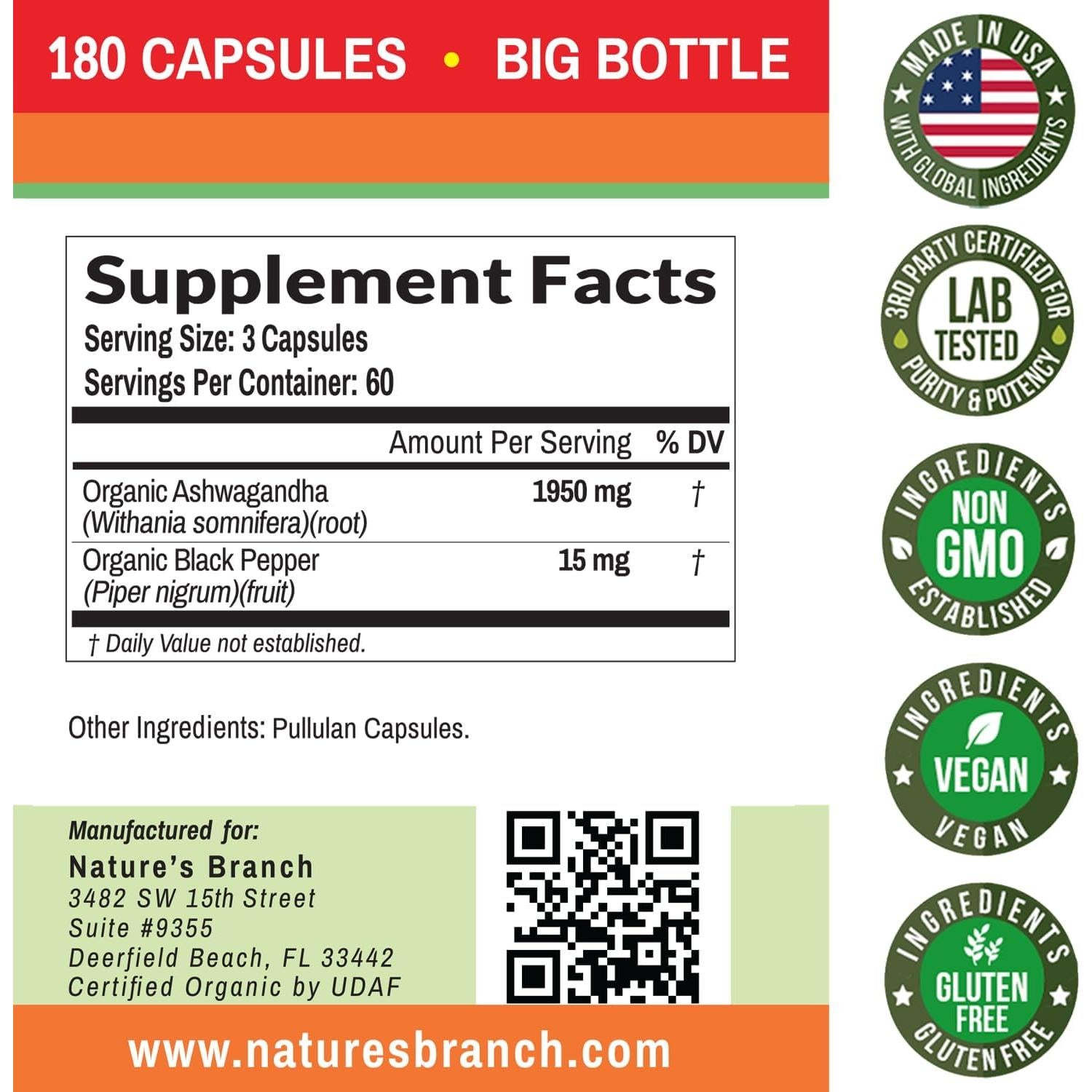 Suplemento Orgánico Ashwagandha Nature's Branch 180 Cápsulas