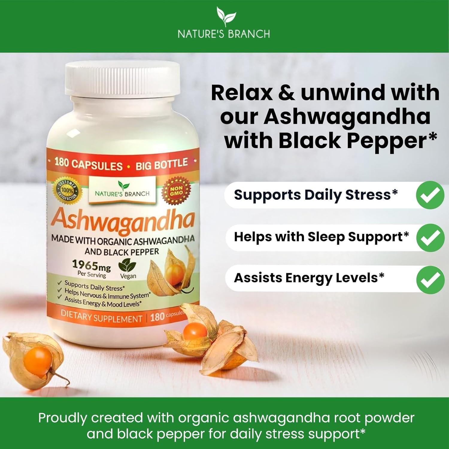 Suplemento Orgánico Ashwagandha Nature's Branch 180 Cápsulas