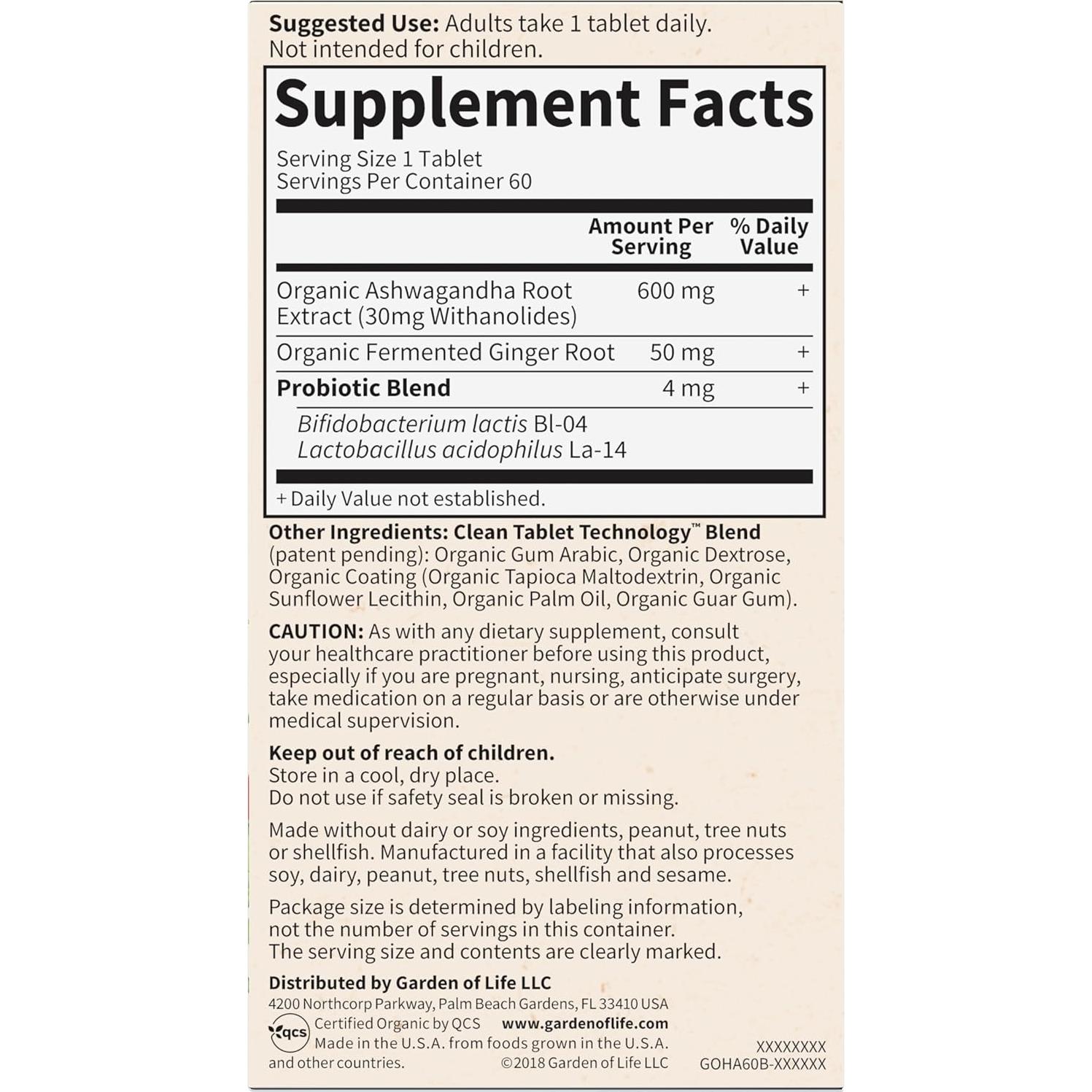 Suplemento Ashwagandha Orgánico Garden of Life 60 Tabletas