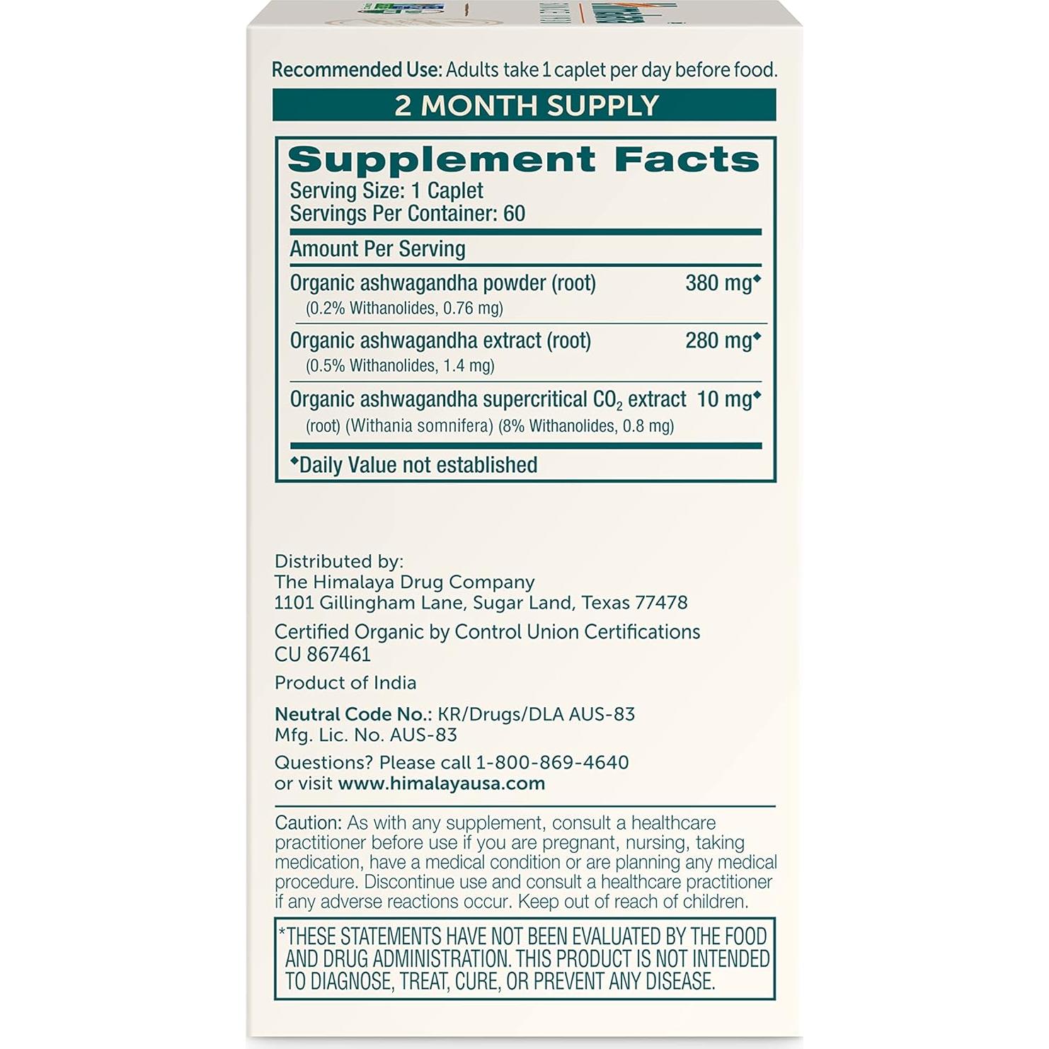 Himalaya Ashwagandha Orgánico 670 mg 60 Tabletas Veganas