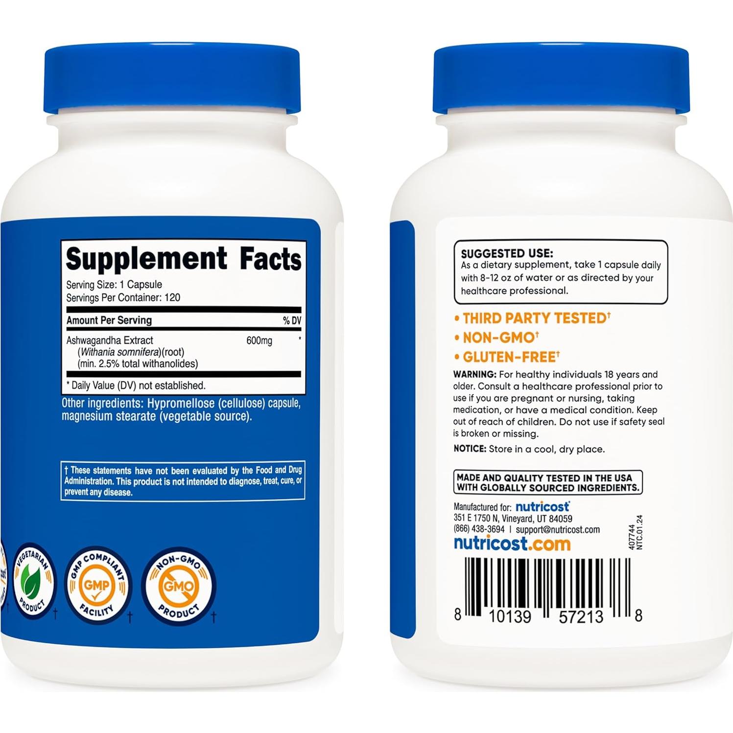 Suplemento Ashwagandha Nutricost 600mg 120 Cápsulas Vegano