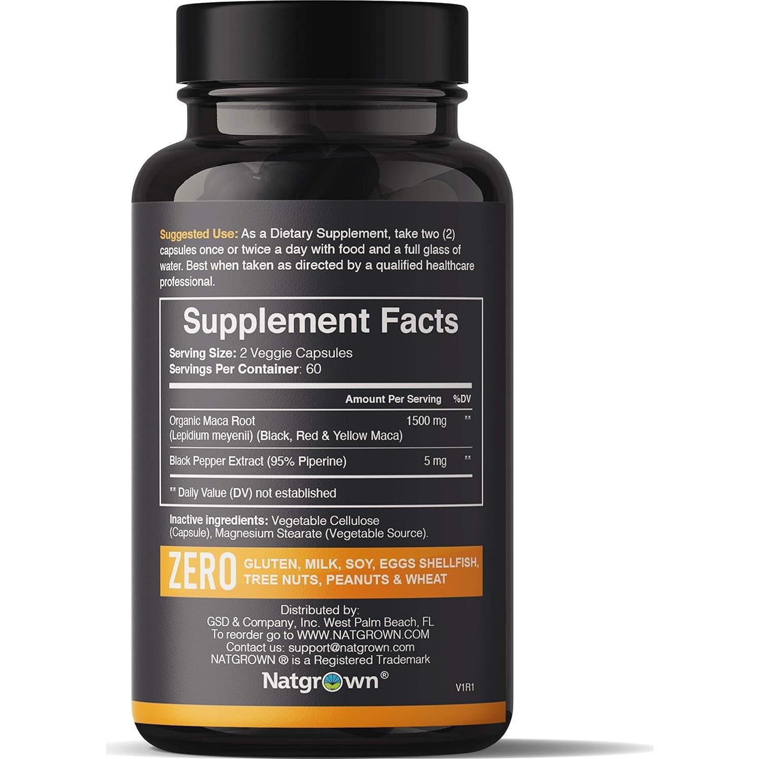 Cápsulas de maca orgánica Natgrown 1500 mg veganas