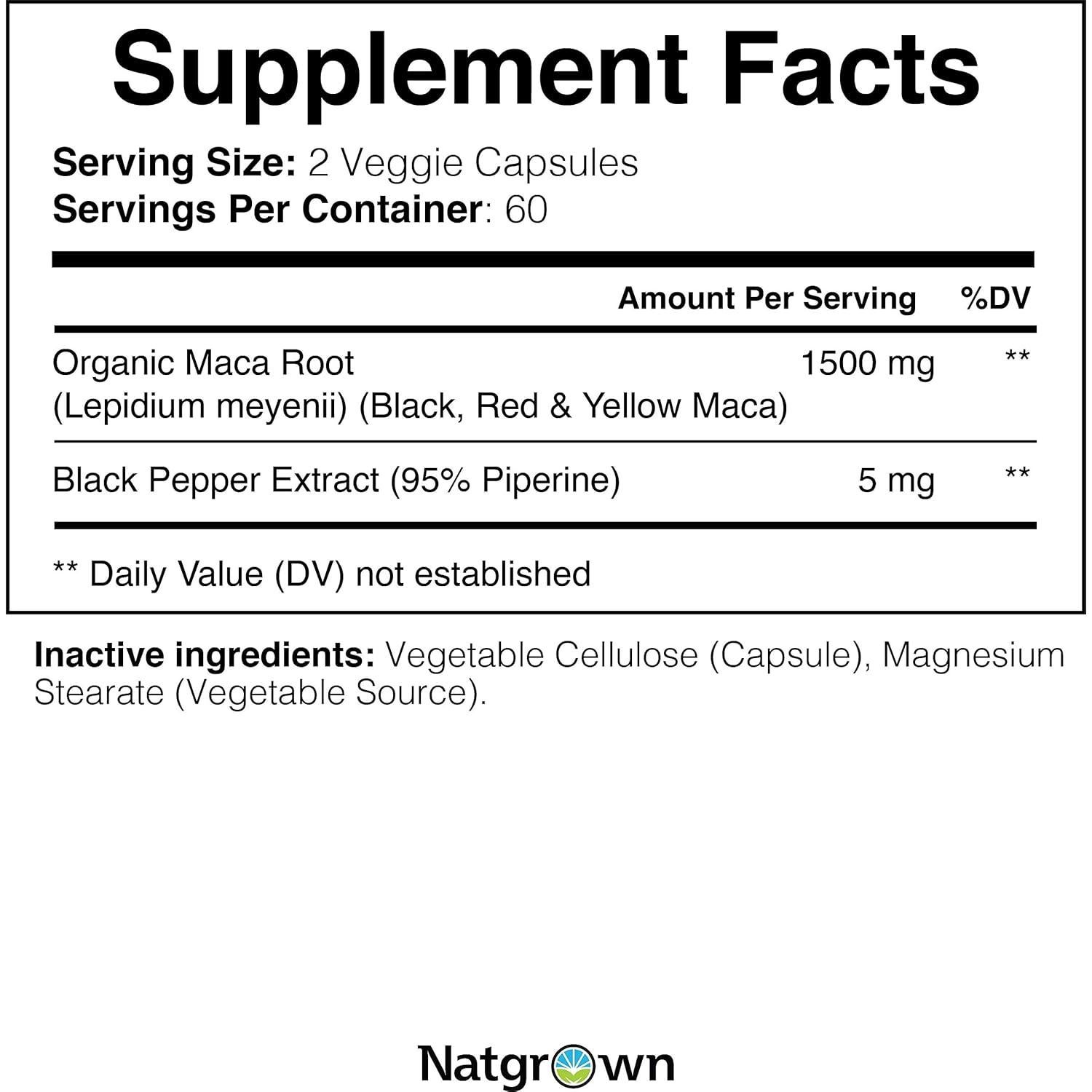Cápsulas de maca orgánica Natgrown 1500 mg veganas