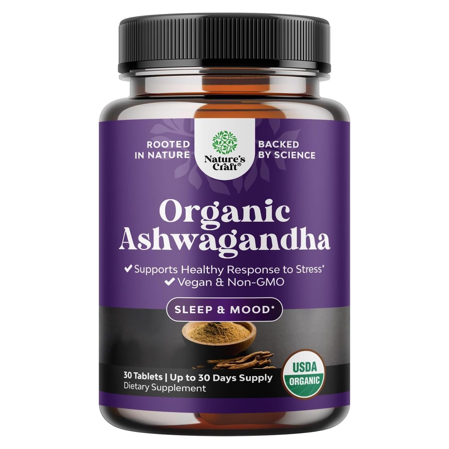 Suplemento de Ashwagandha Orgánica Natures Craft 30 Tabletas