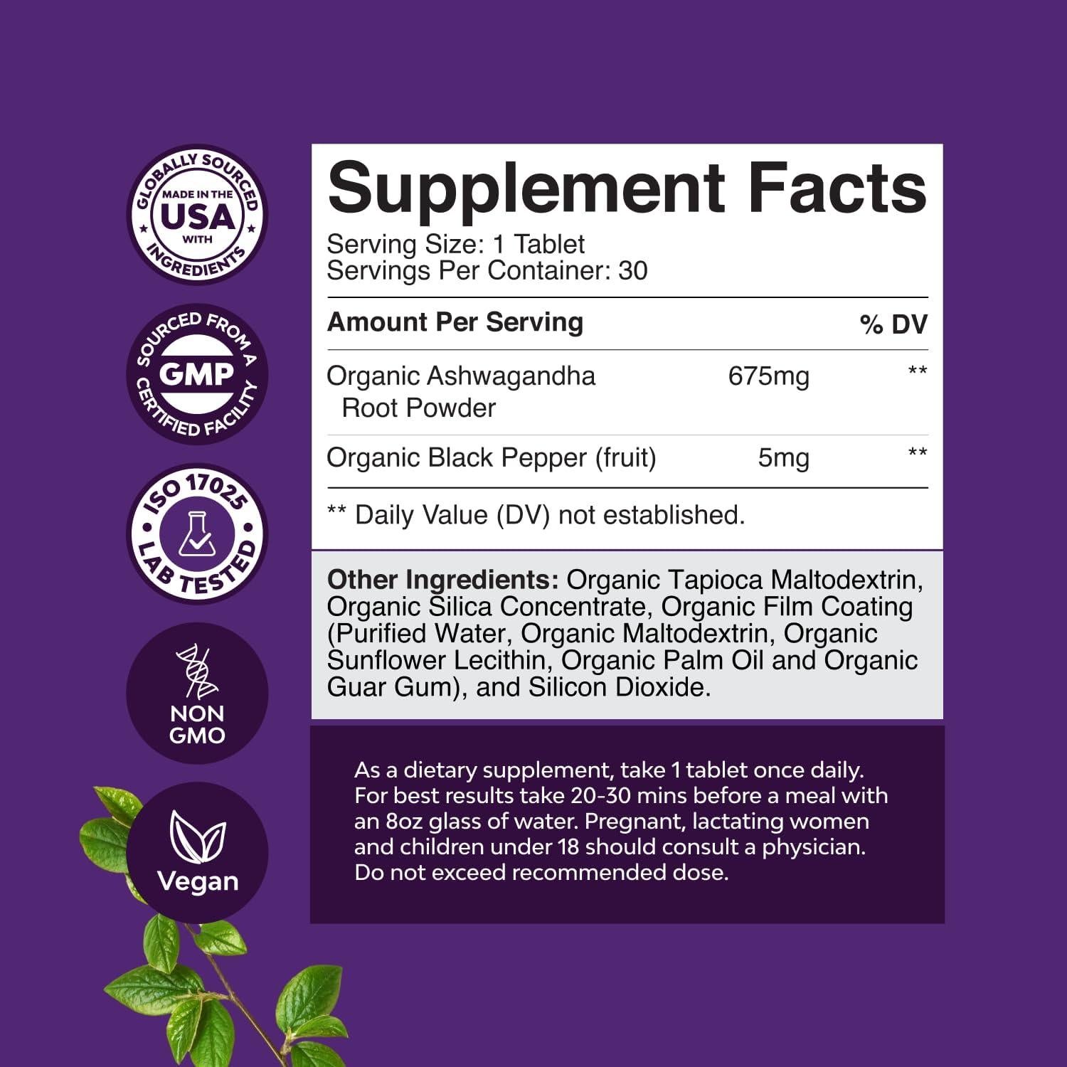 Suplemento de Ashwagandha Orgánica Natures Craft 30 Tabletas