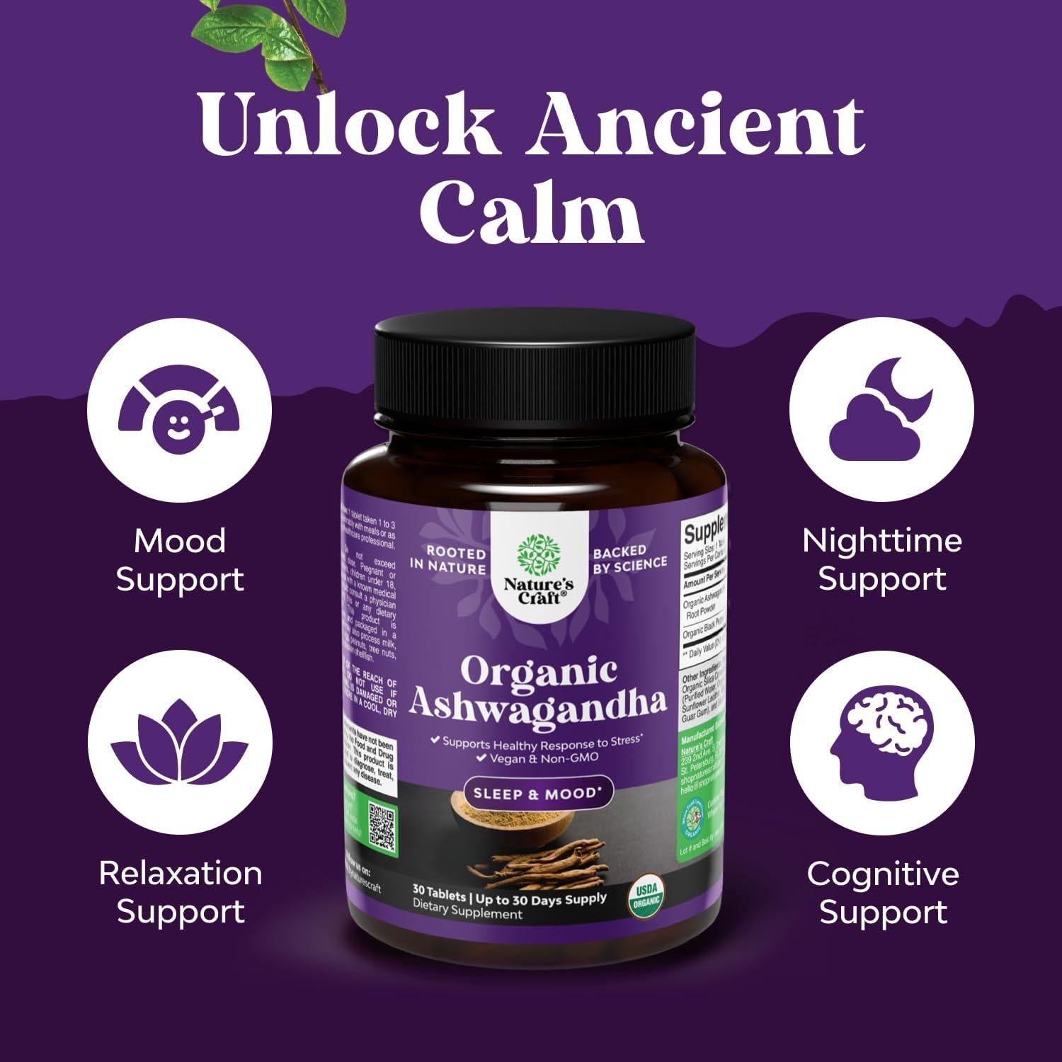 Suplemento de Ashwagandha Orgánica Natures Craft 30 Tabletas