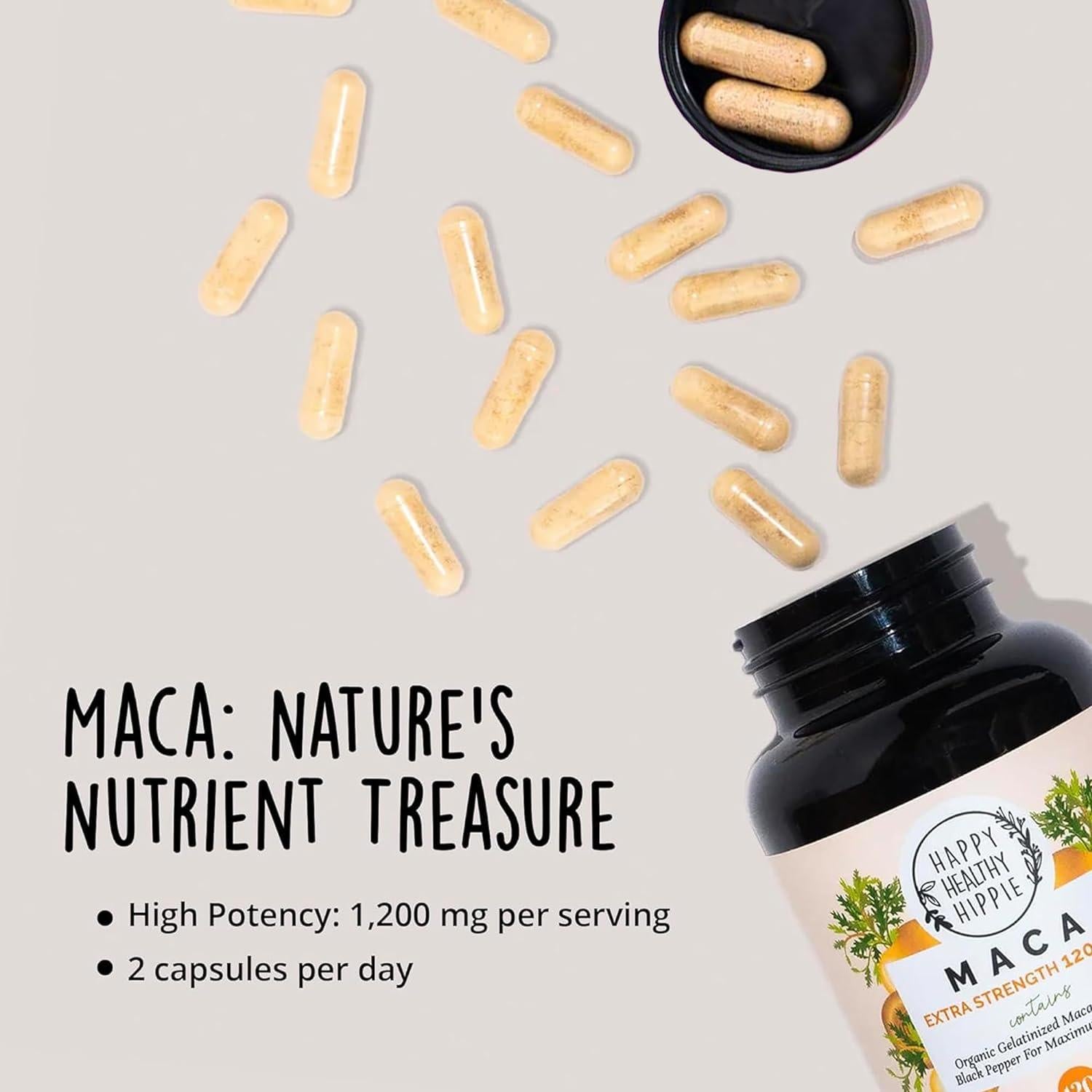 Cápsulas de Maca Orgánica 1200 mg Happy Healthy Hippie 120 Ct