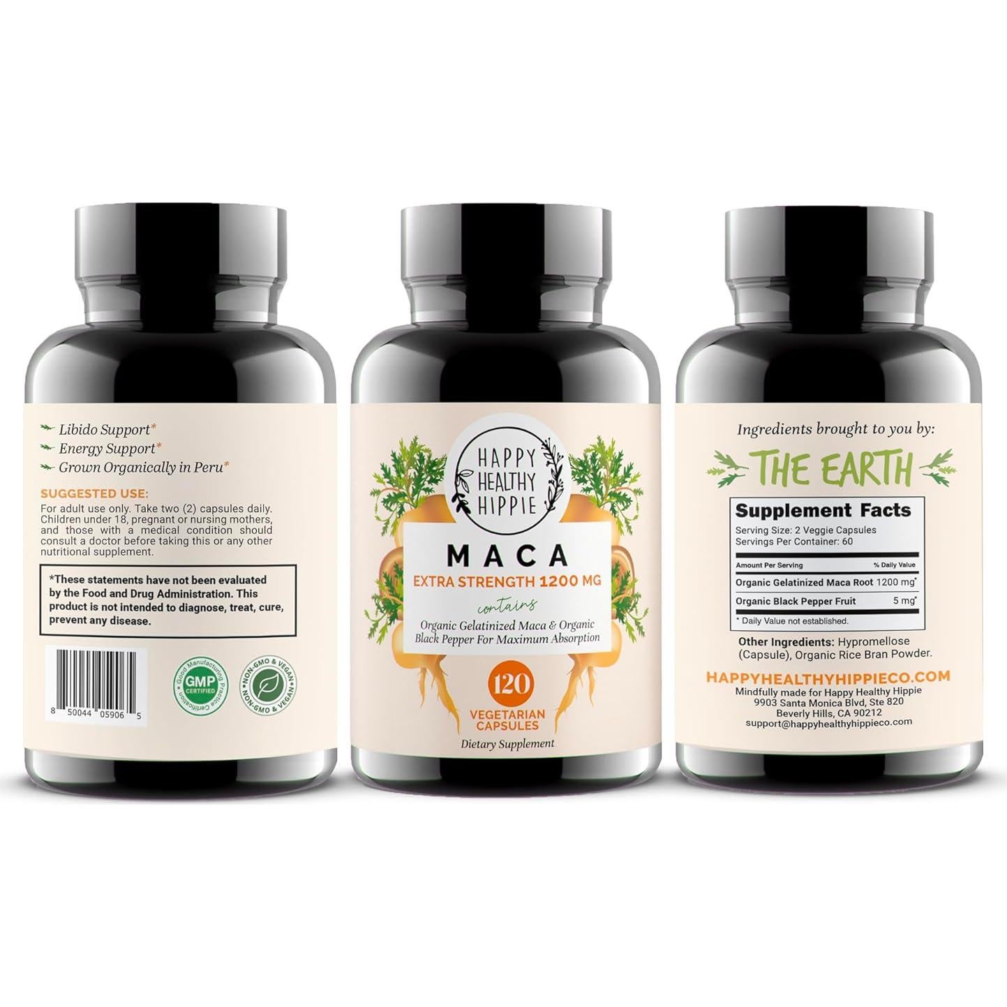 Cápsulas de Maca Orgánica 1200 mg Happy Healthy Hippie 120 Ct
