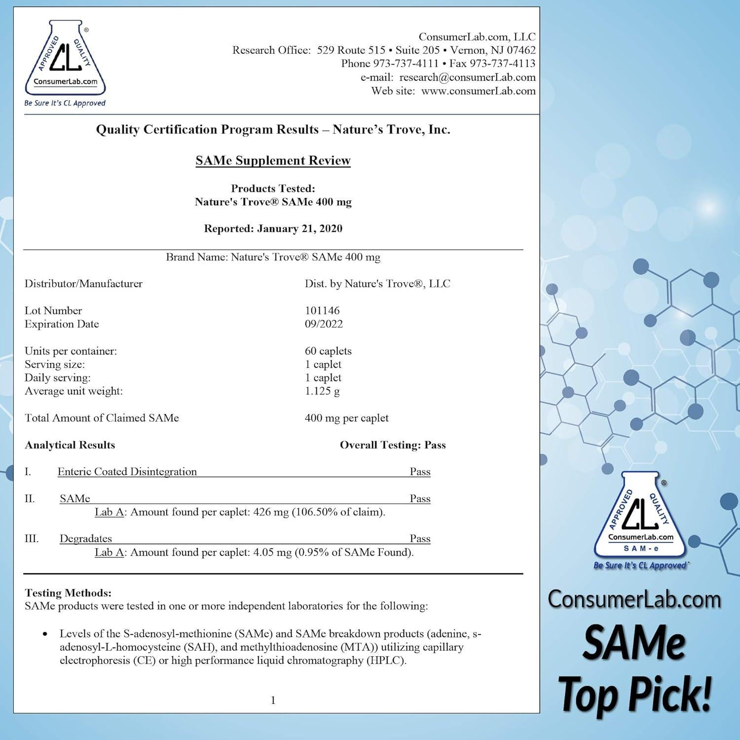 Suplemento SAM-e Nature's Trove 400mg 30 Tabletas Veganas