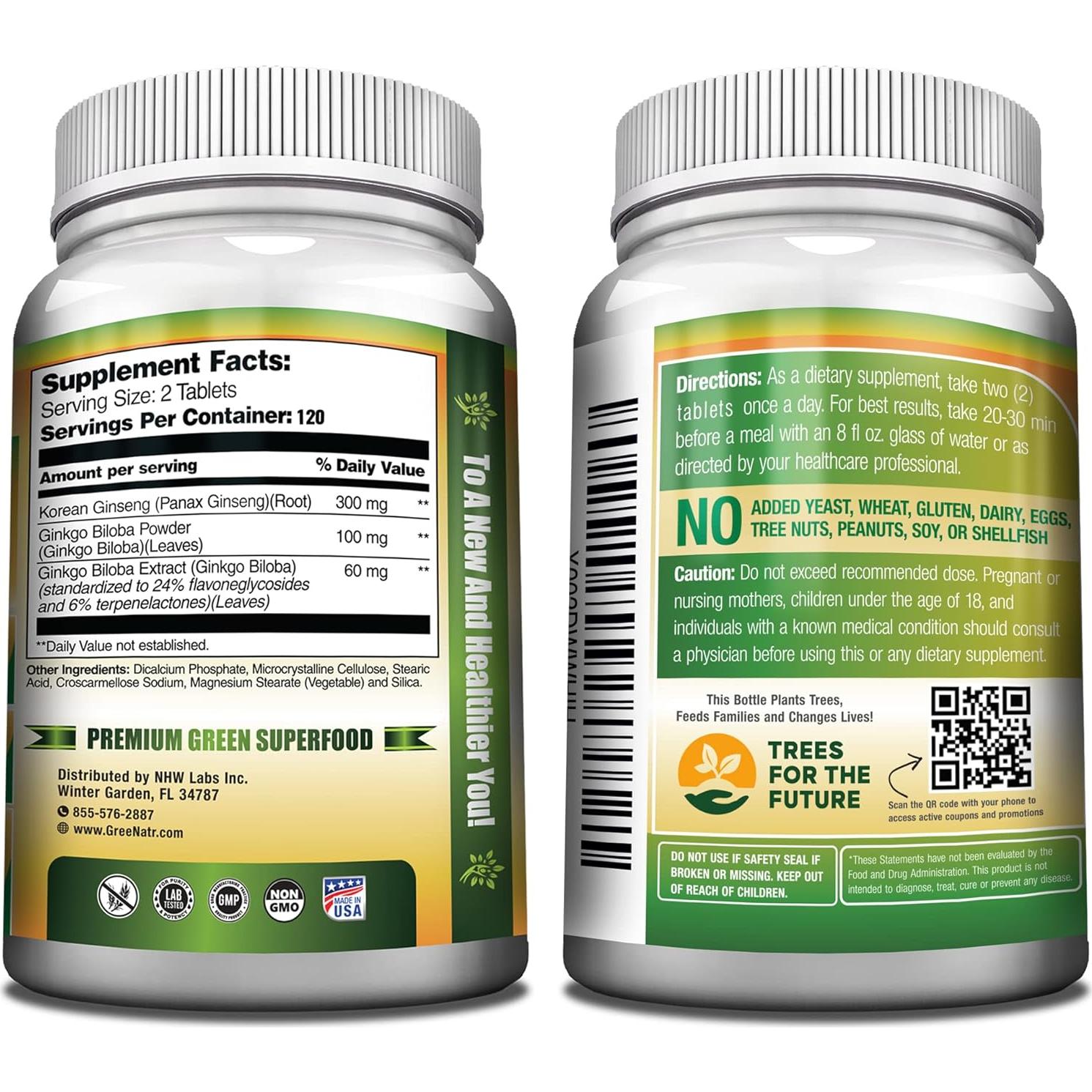 Suplemento Ginkgo Biloba y Ginseng Rojo Intelabs 60 Tabletas
