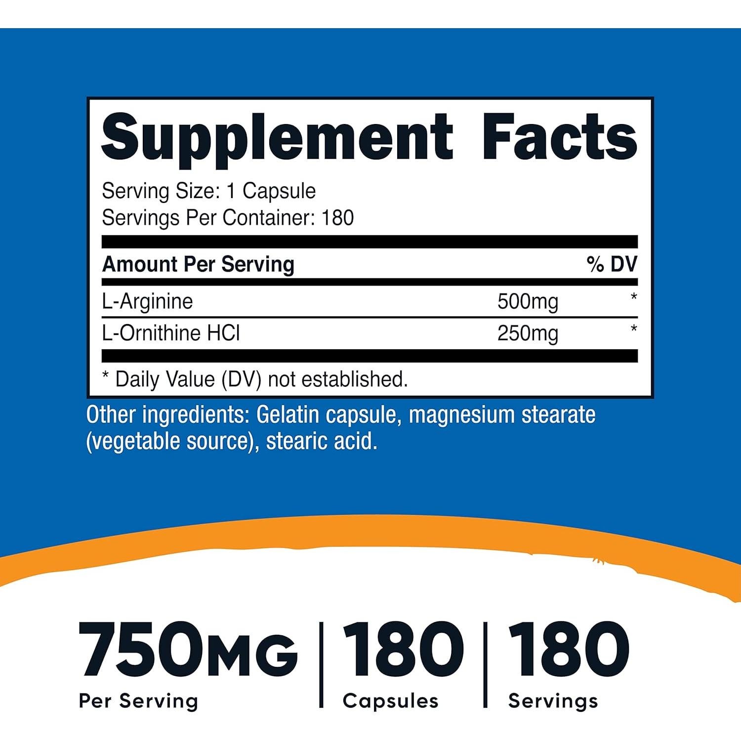 Nutricost L-Arginina L-Ornitina 750mg 180 Cápsulas 2 Botellas