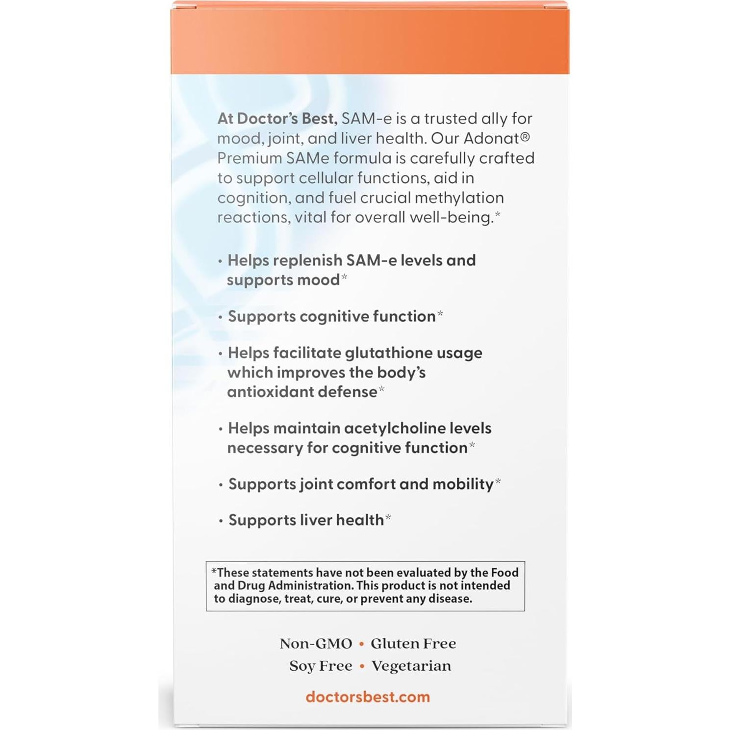 SAM-e 400 mg Doctor's Best Vegano 60 Tabletas Sin Gluten