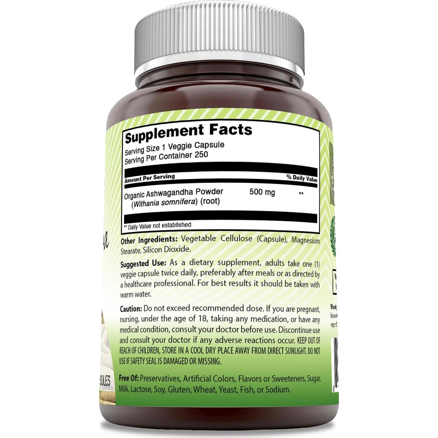 Suplemento Ashwagandha Increíble India 500 mg 250 Cápsulas