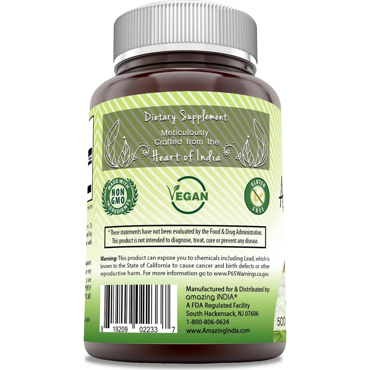 Suplemento Ashwagandha Increíble India 500 mg 250 Cápsulas