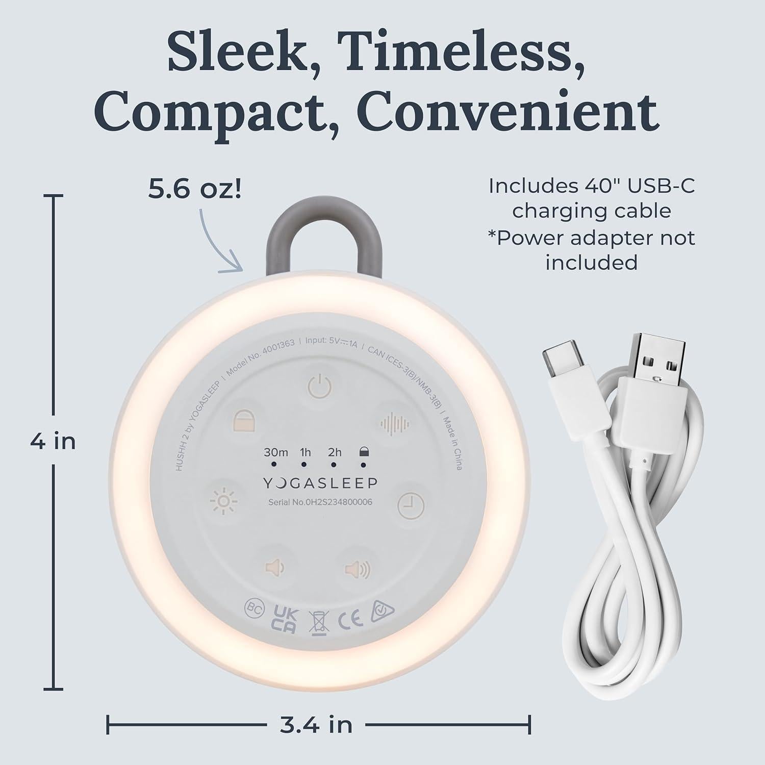 Yogasleep Hushh 2 Portable Sound Machine for Baby & Kids, New Reinforced Clip, Backlit Buttons, Night Light, 6 Soothing Natural Sounds, Easy to Use Timer, Volume Control, Toddler Lock, Noise Canceling