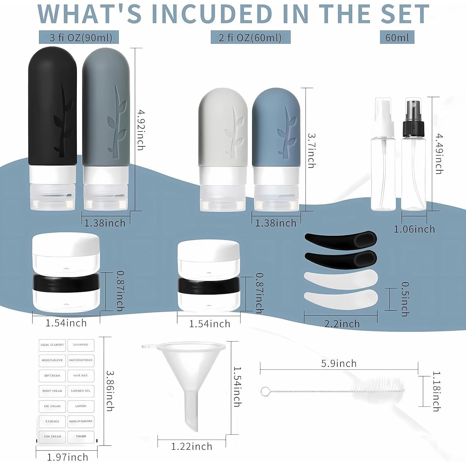 Set de 18 Botellas de Viaje Tocelffe Silicona A prueba de Fugas