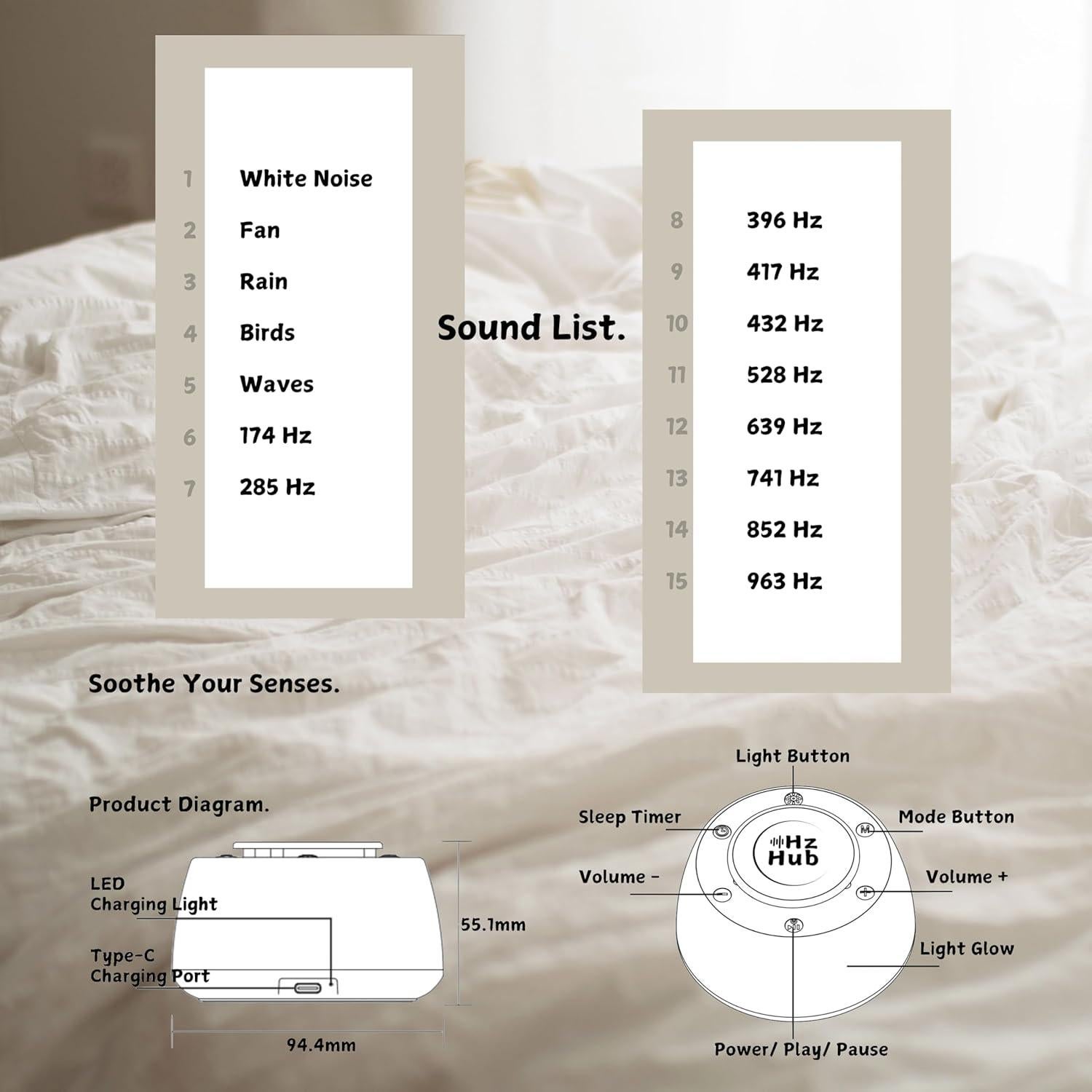 Máquina de Sonido Portátil Hz Hub - 15 Sonidos Calmantes