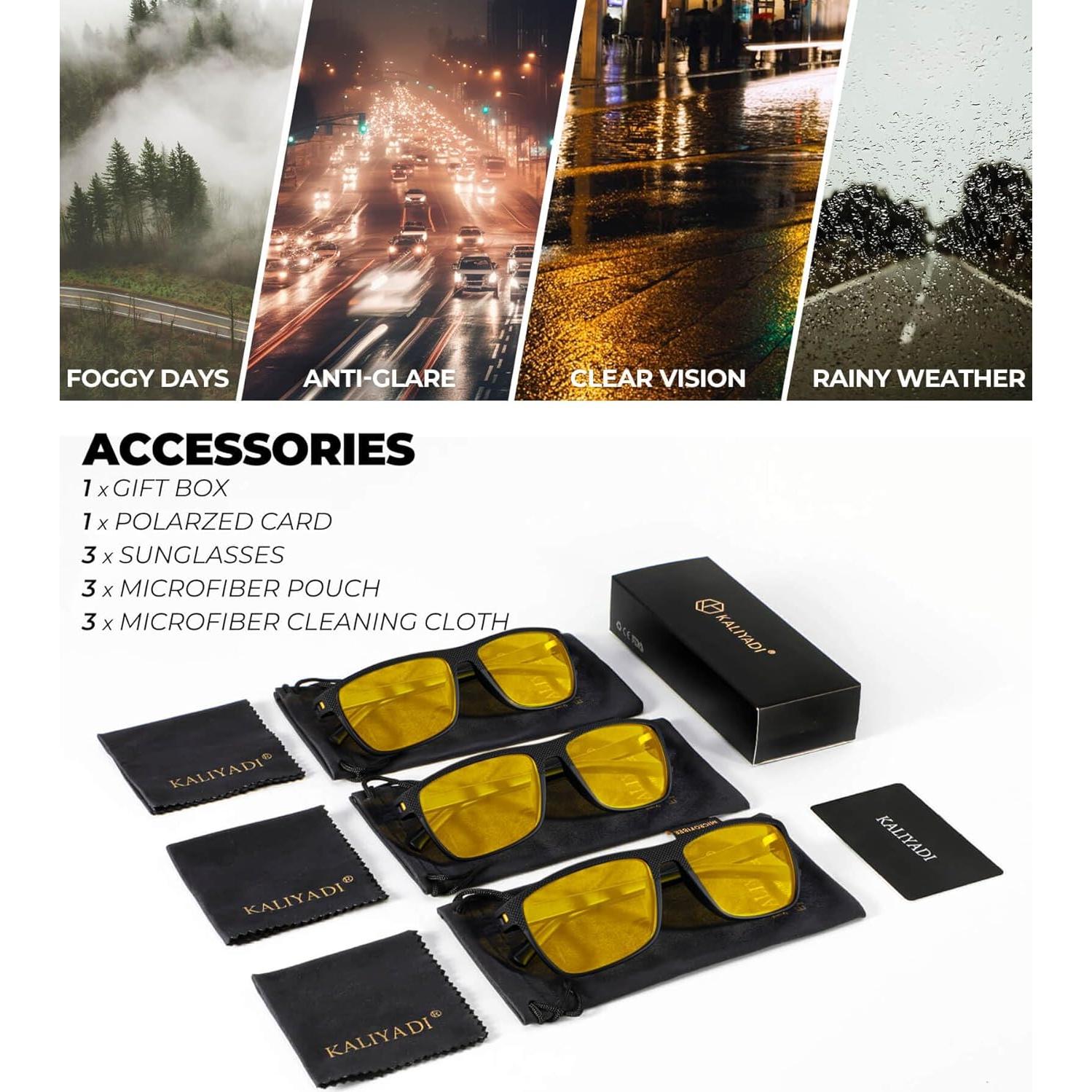 Gafas de sol KALIYADI visión nocturna UV para hombres 3 piezas