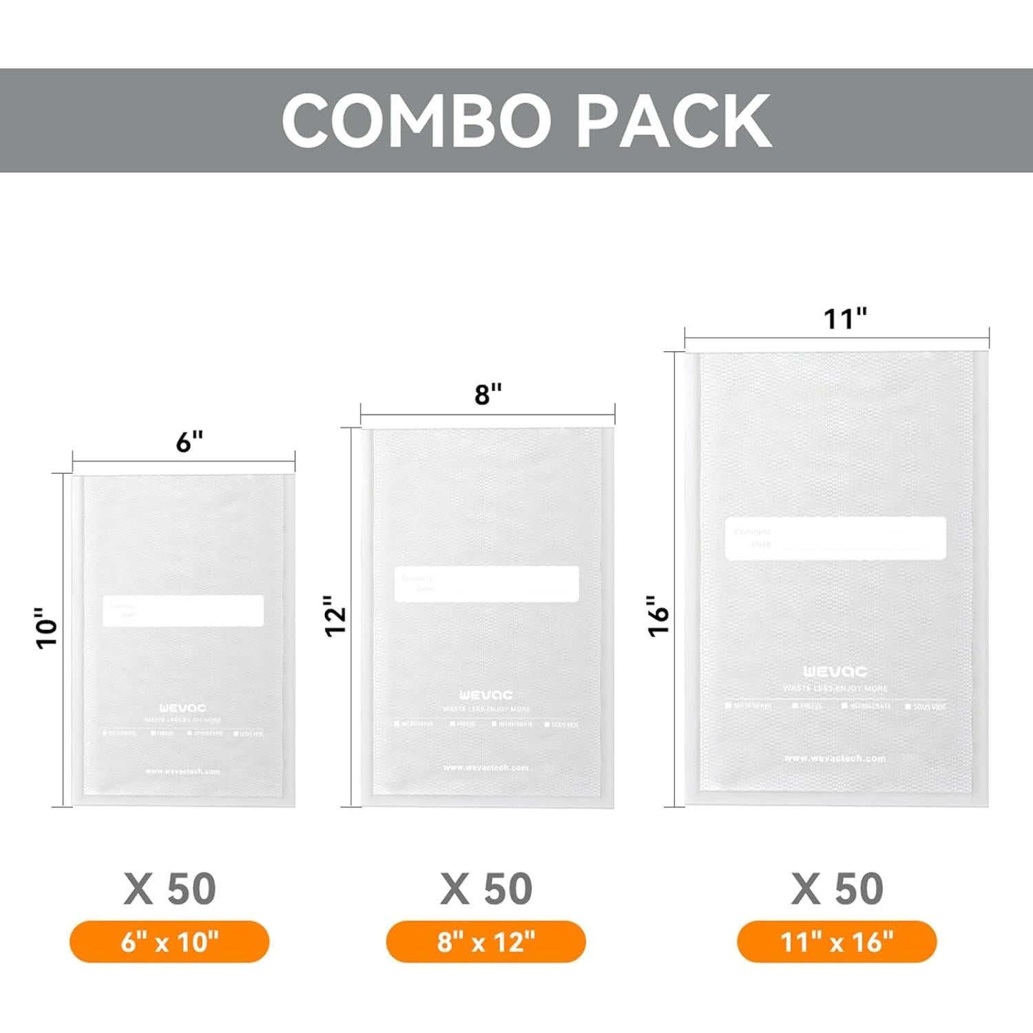 Bolsas de Sellado al Vacío Wevac 150 Unidades 28x41cm 20x30cm 15x25cm