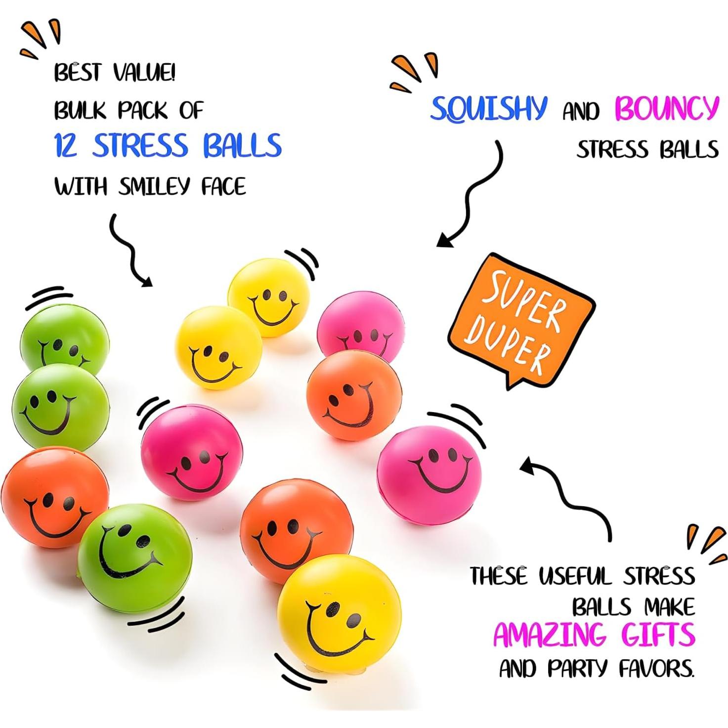 Pelotas de Estrés Neliblu Neon Smile - Paquete de 12 - 6,35 cm