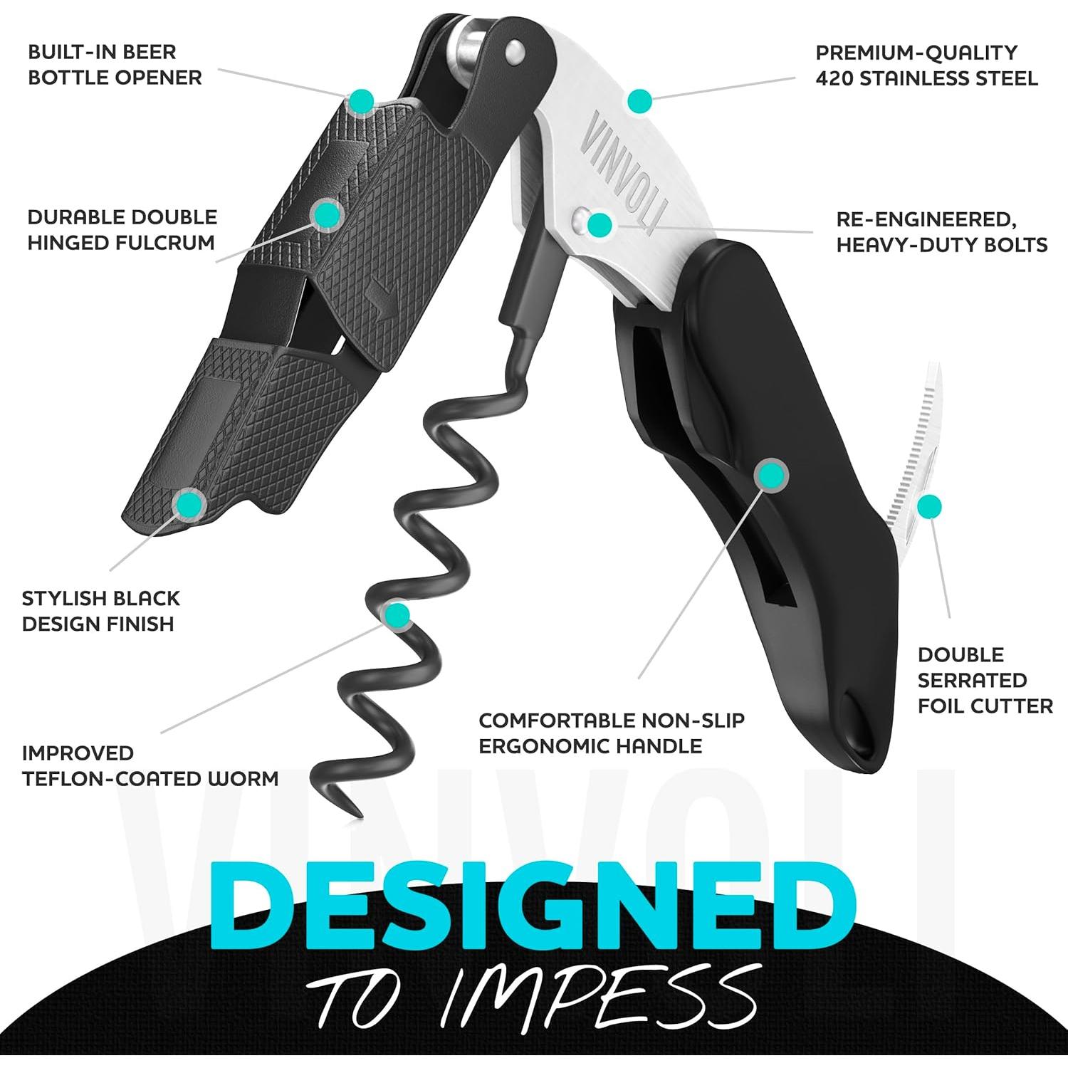 Sacacorchos Vinvoli 3-en-1 Negro - Abrebotellas Multifuncional