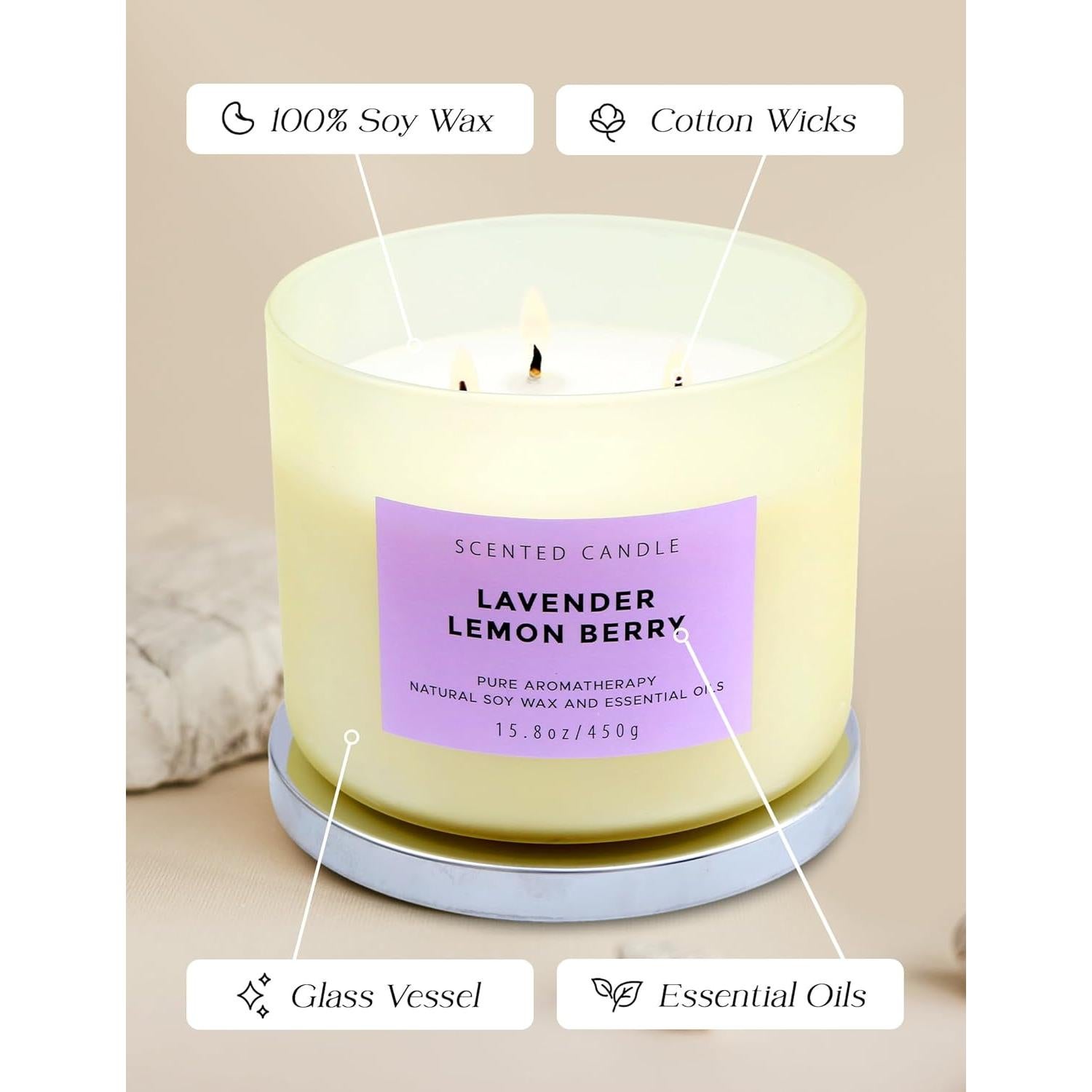 Vela Aromática de Soja T&H 3 Mechas Lavanda 450 g