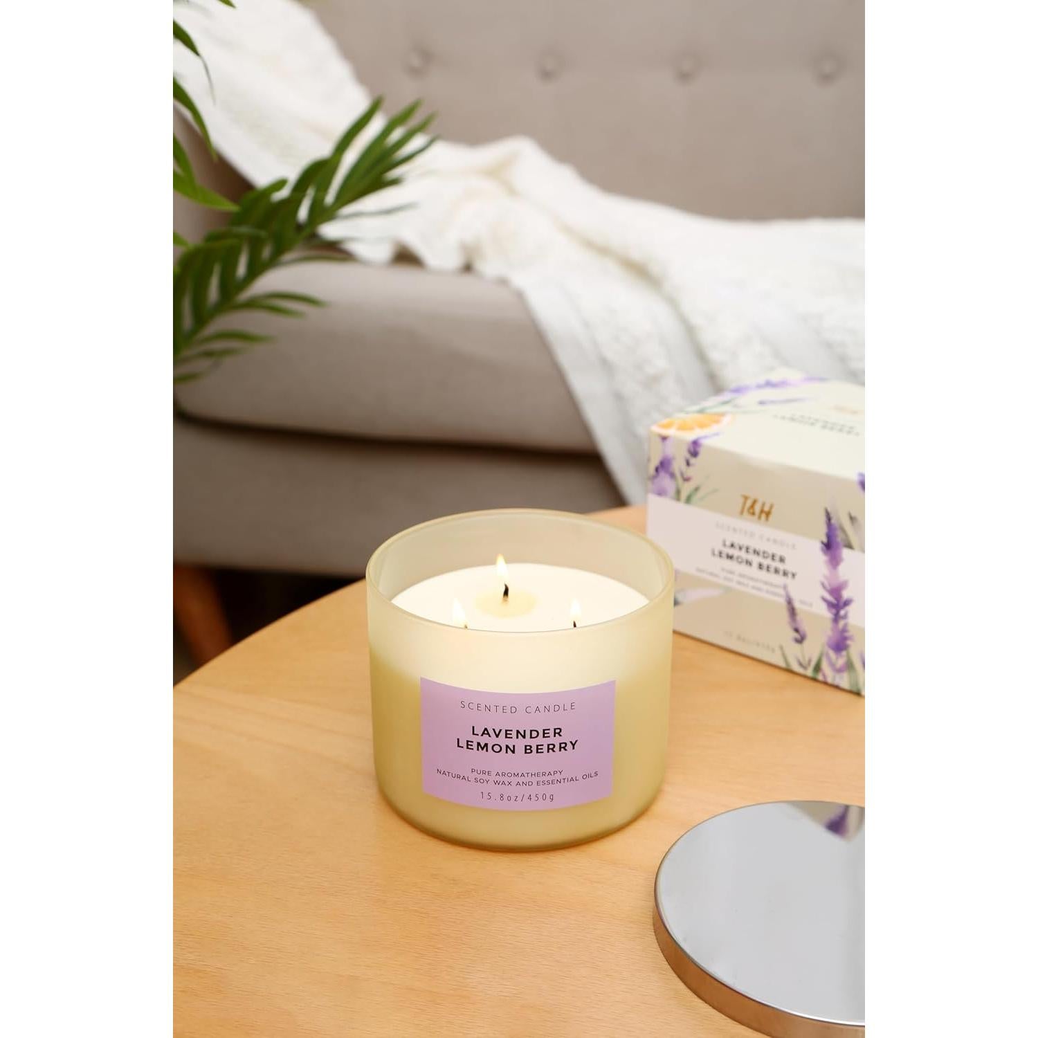 Vela Aromática de Soja T&H 3 Mechas Lavanda 450 g