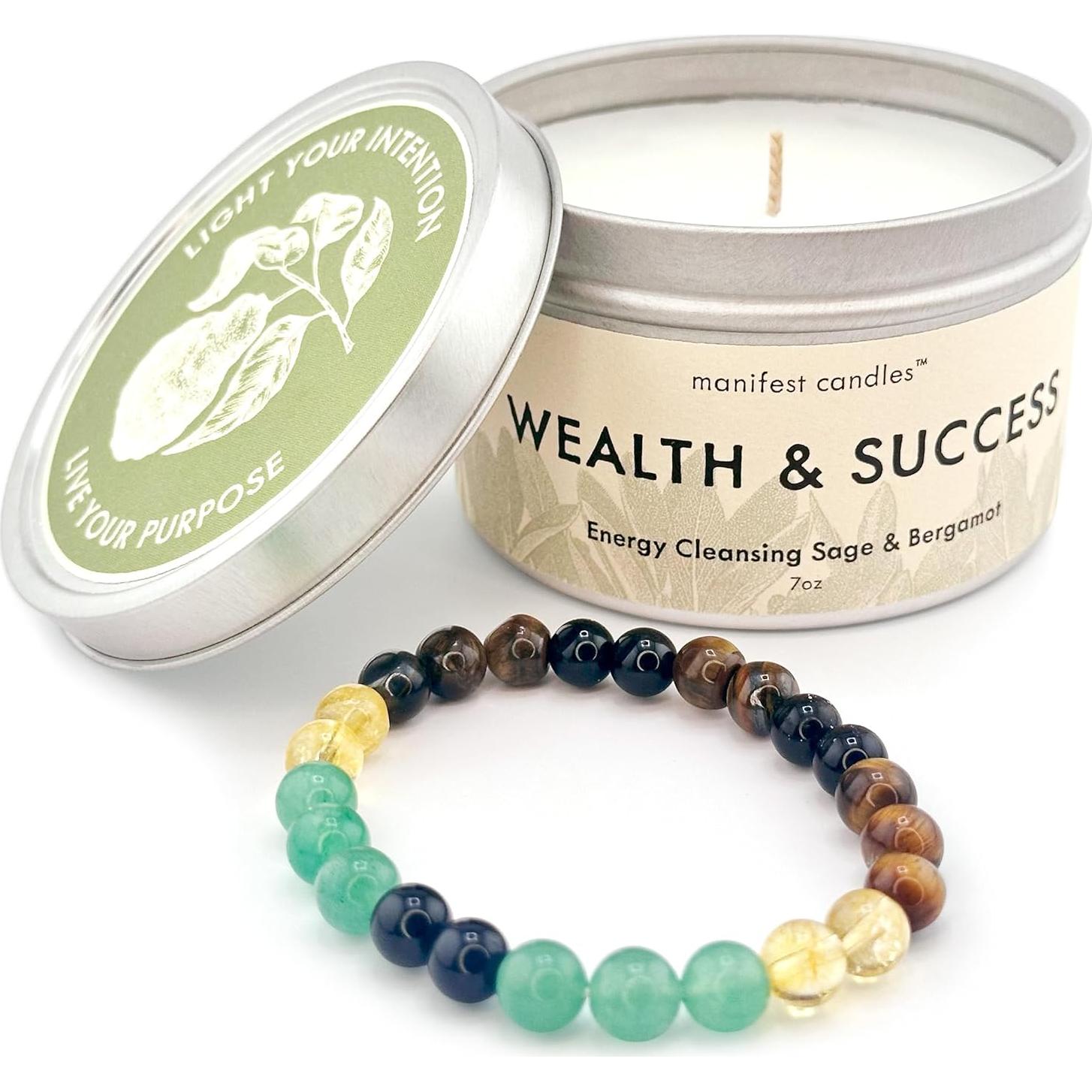 Vela de Dinero Salvia y Bergamota con Pulsera de Éxito