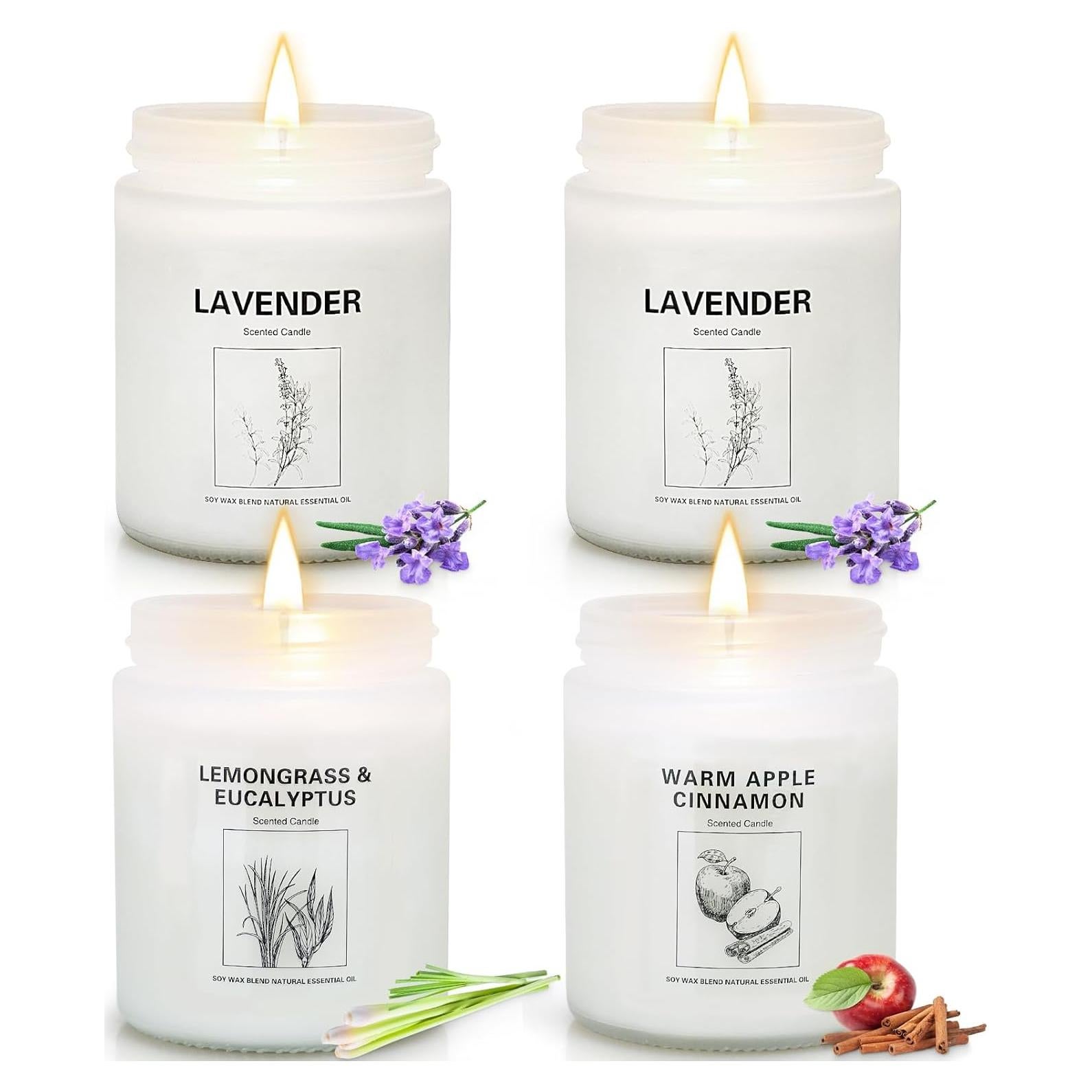 Set de 4 Velas Aromáticas de Cera de Soja - Lavanda, Manzana Canela, Hierba de Limón