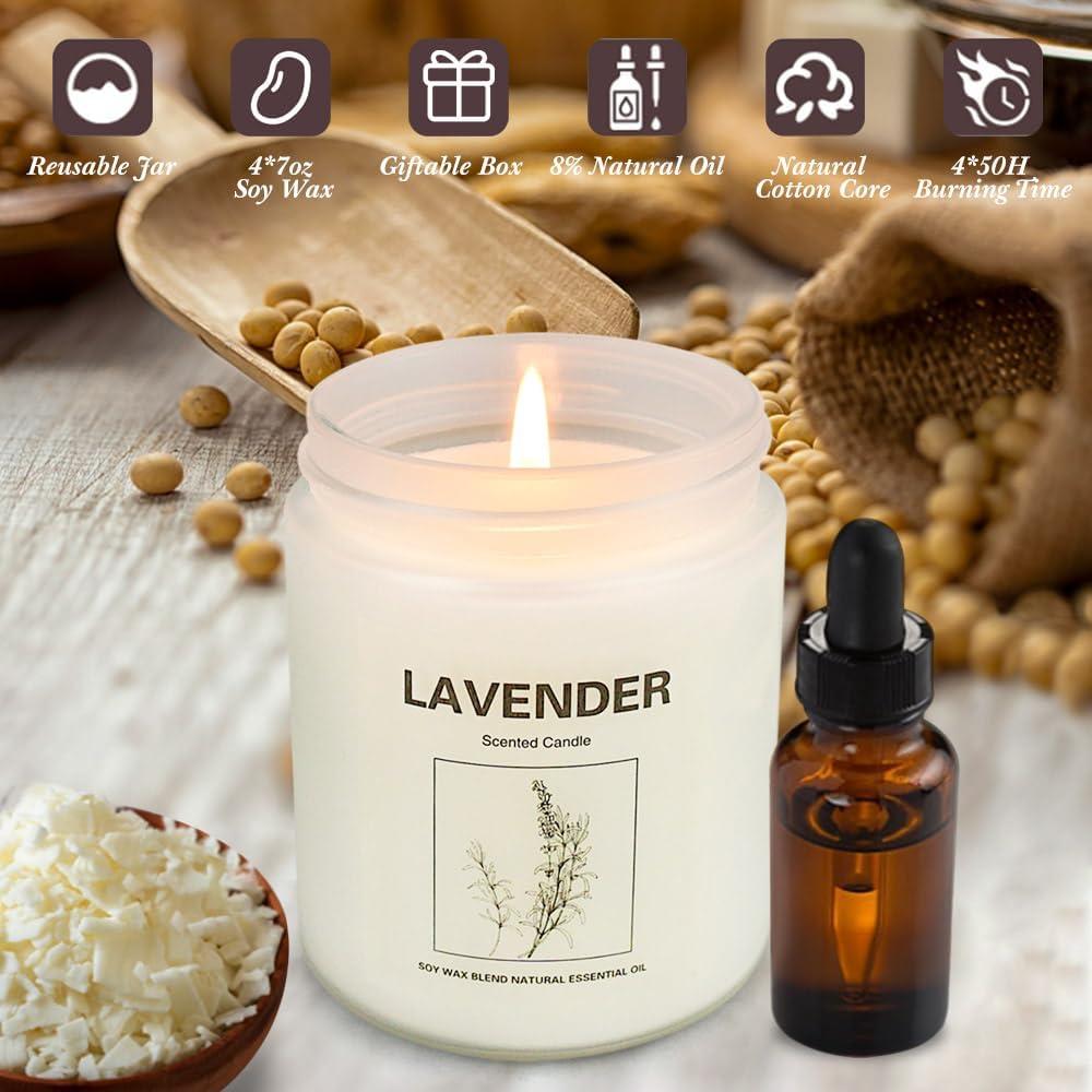 Set de 4 Velas Aromáticas de Cera de Soja - Lavanda, Manzana Canela, Hierba de Limón