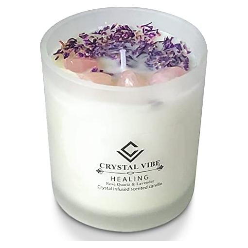 Vela Aromática de Cera de Soja Natural con Cuarzo Rosa y Lavanda