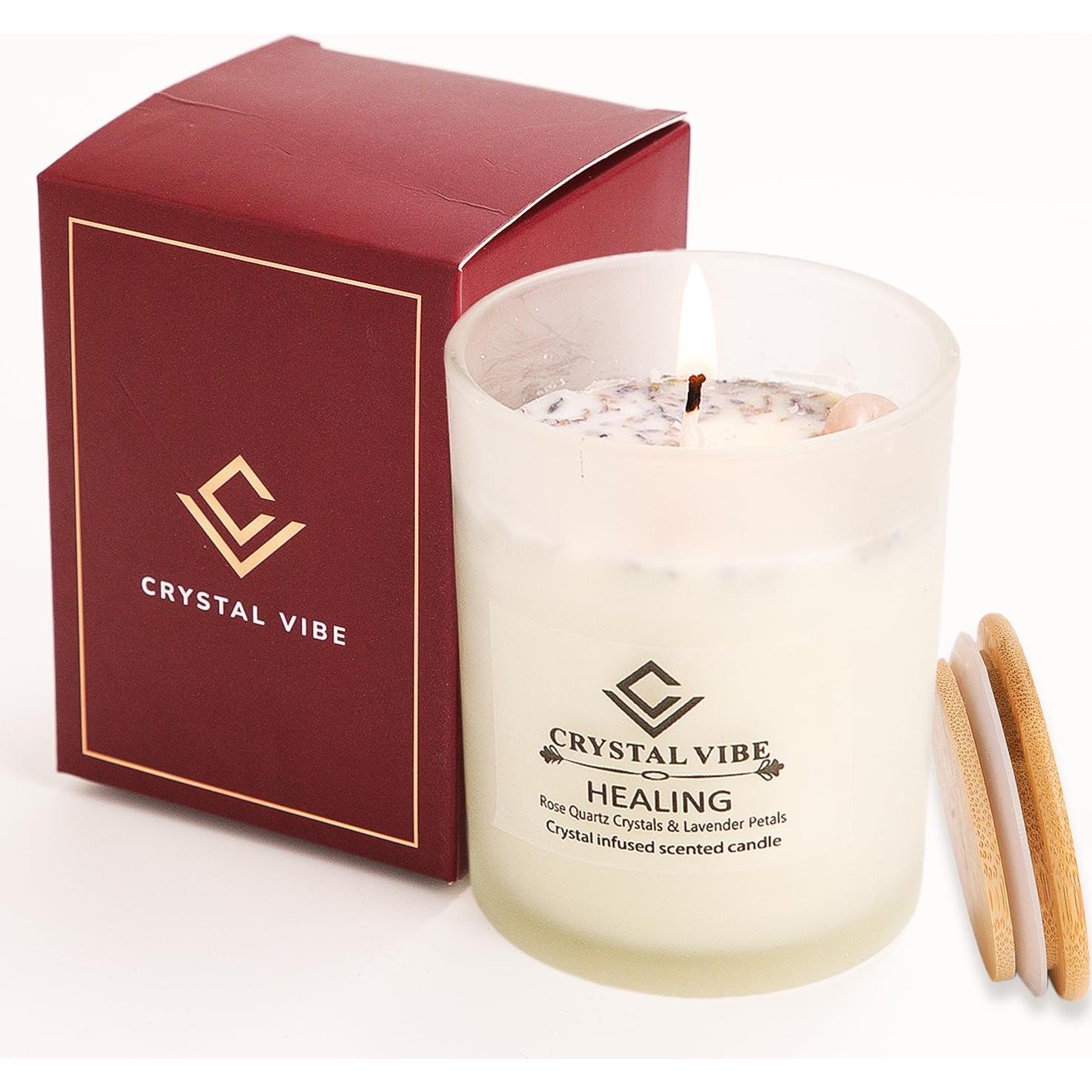 Vela Aromática de Cera de Soja Natural con Cuarzo Rosa y Lavanda