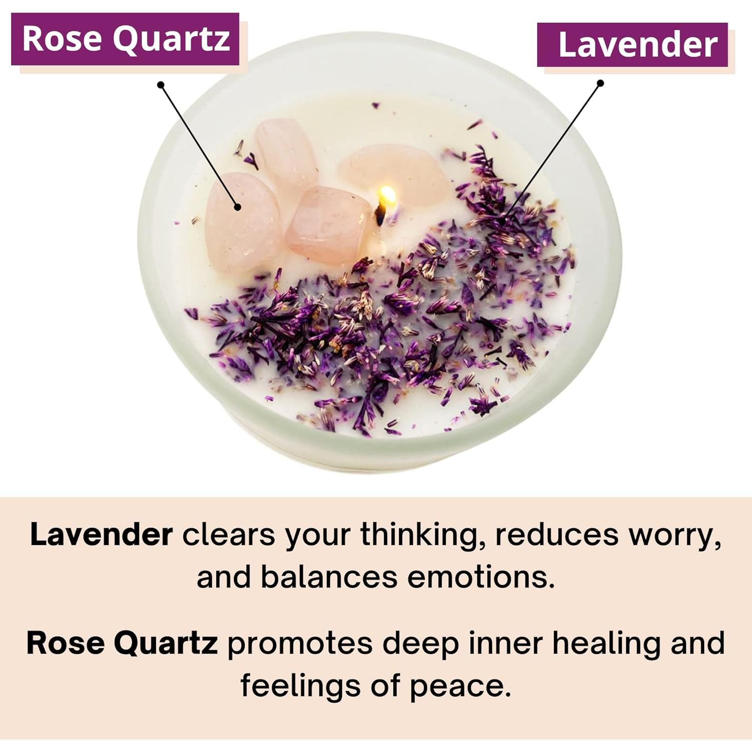 Vela Aromática de Cera de Soja Natural con Cuarzo Rosa y Lavanda