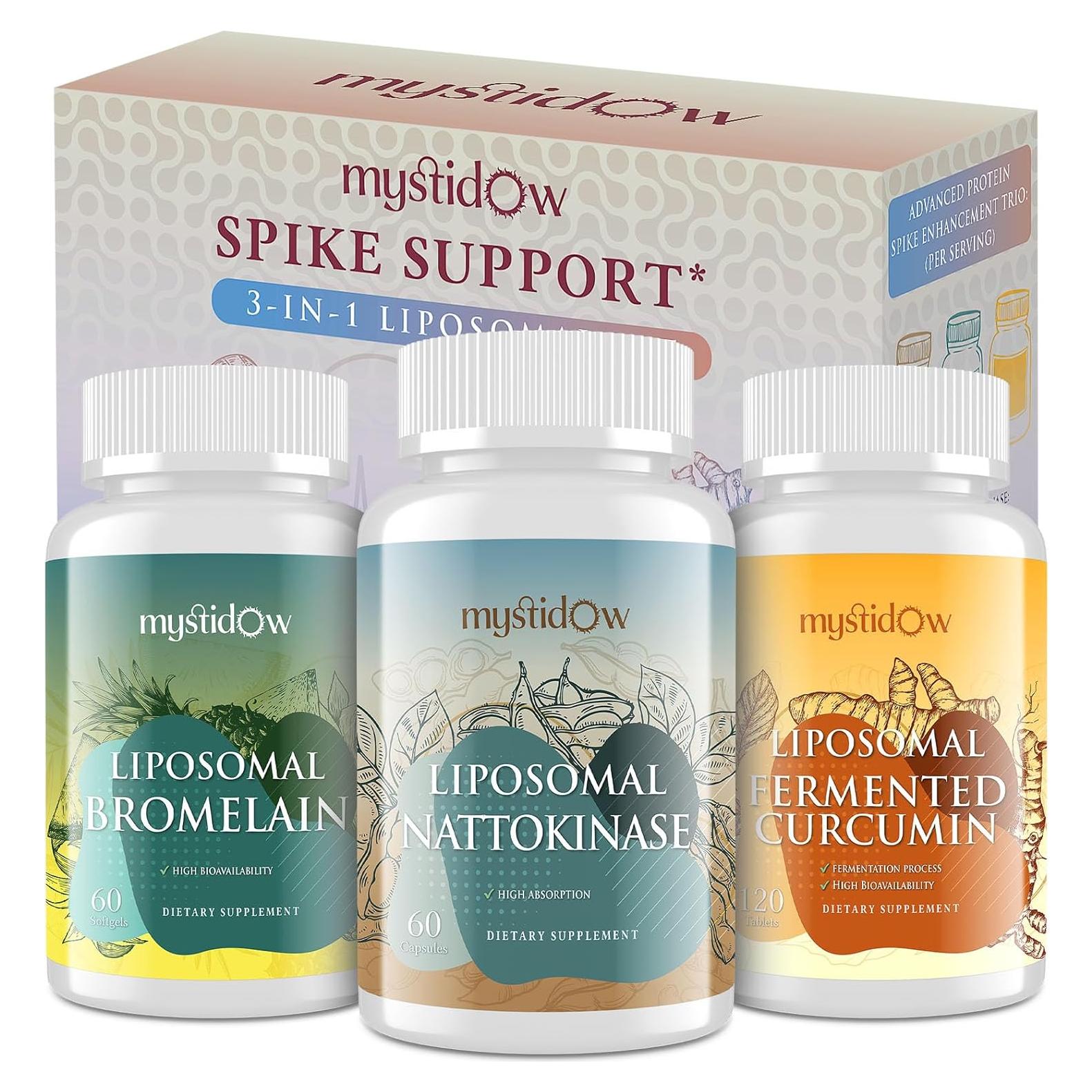 Trío de Soporte Spike Mystidow | Nattokinasa 8000 FU 500mg, Bromelina 1150mg, Cúrcuma 1800mg