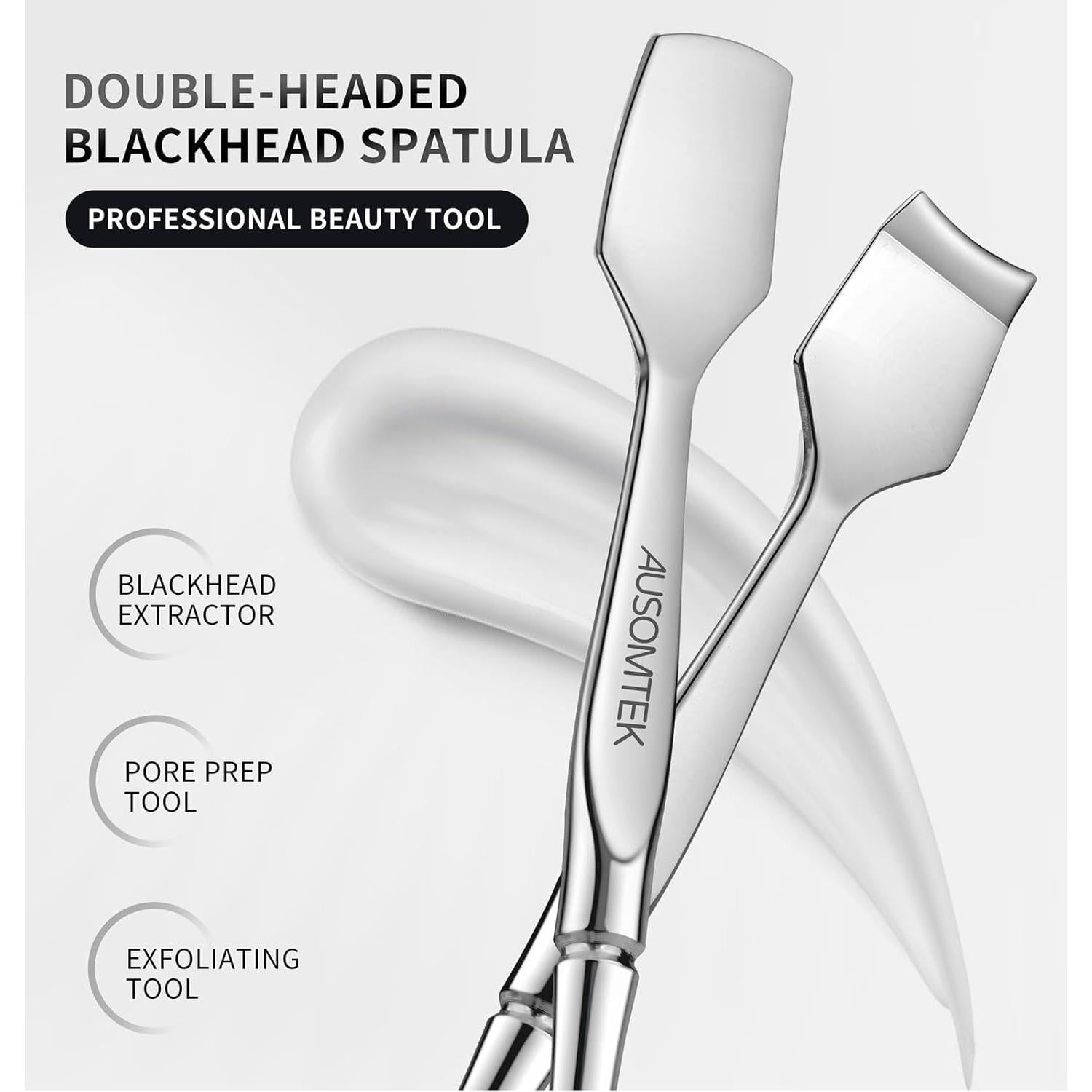 Espátula Doble Ausomtek para Puntos Negros y Blancos, Acero Inoxidable, Estuche Cian