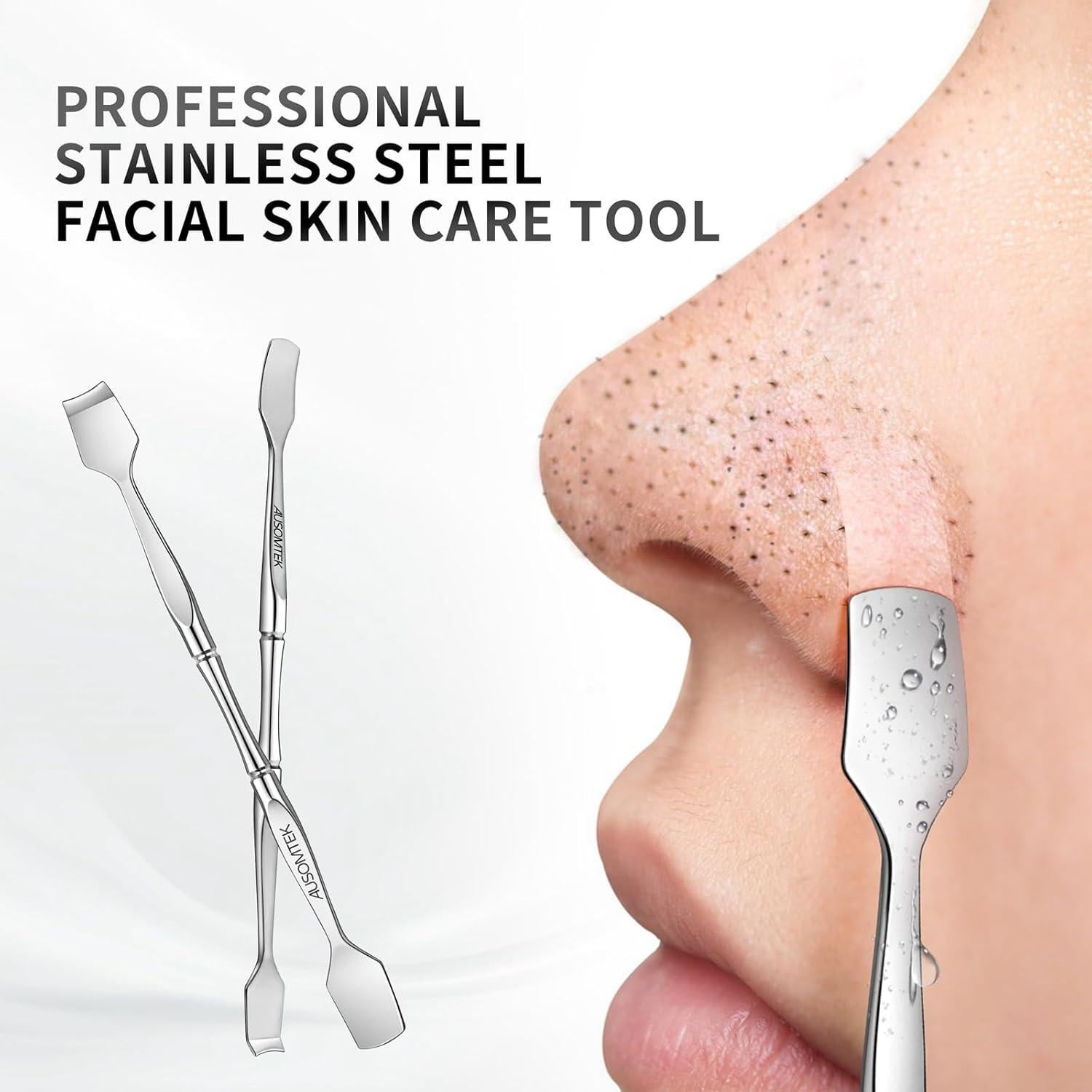 Espátula Doble Ausomtek para Puntos Negros y Blancos, Acero Inoxidable, Estuche Cian